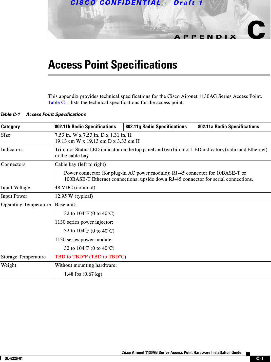  CISCO CONFIDENTIAL -  Draft 1C-1Cisco Aironet 1130AG Series Access Point Hardware Installation GuideOL-6226-01APPENDIXCAccess Point Specifications This appendix provides technical specifications for the Cisco Aironet 1130AG Series Access Point. Table C-1 lists the technical specifications for the access point. Table C-1 Access Point SpecificationsCategory 802.11b Radio Specifications  802.11g Radio Specifications 802.11a Radio SpecificationsSize 7.53 in. W x 7.53 in. D x 1.31 in. H19.13 cm W x 19.13 cm D x 3.33 cm H Indicators Tri-color Status LED indicator on the top panel and two bi-color LED indicators (radio and Ethernet) in the cable bayConnectors Cable bay (left to right)Power connector (for plug-in AC power module); RJ-45 connector for 10BASE-T or 100BASE-T Ethernet connections; upside down RJ-45 connector for serial connections.Input Voltage  48 VDC (nominal)Input Power 12.95 W (typical)Operating Temperature Base unit:32 to 104oF (0 to 40oC) 1130 series power injector:32 to 104oF (0 to 40oC)1130 series power module:32 to 104oF (0 to 40oC)Storage Temperature  TBD to TBDoF (TBD to TBDoC) Weight Without mounting hardware:1.48 lbs (0.67 kg) 