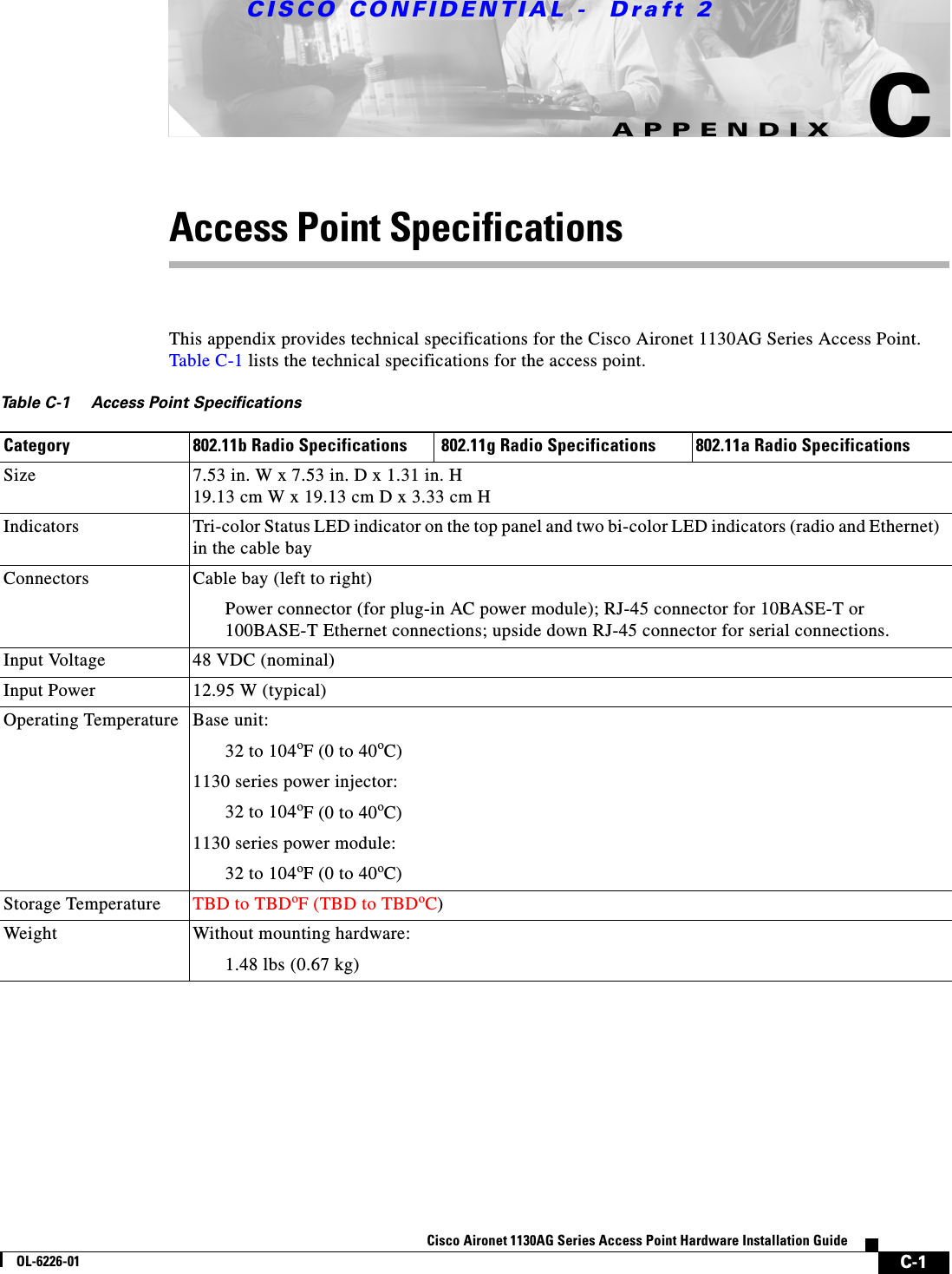  CISCO CONFIDENTIAL -  Draft 2C-1Cisco Aironet 1130AG Series Access Point Hardware Installation GuideOL-6226-01APPENDIXCAccess Point Specifications This appendix provides technical specifications for the Cisco Aironet 1130AG Series Access Point. Table C-1 lists the technical specifications for the access point. Table C-1 Access Point SpecificationsCategory 802.11b Radio Specifications  802.11g Radio Specifications 802.11a Radio SpecificationsSize 7.53 in. W x 7.53 in. D x 1.31 in. H19.13 cm W x 19.13 cm D x 3.33 cm H Indicators Tri-color Status LED indicator on the top panel and two bi-color LED indicators (radio and Ethernet) in the cable bayConnectors Cable bay (left to right)Power connector (for plug-in AC power module); RJ-45 connector for 10BASE-T or 100BASE-T Ethernet connections; upside down RJ-45 connector for serial connections.Input Voltage  48 VDC (nominal)Input Power 12.95 W (typical)Operating Temperature Base unit:32 to 104oF (0 to 40oC) 1130 series power injector:32 to 104oF (0 to 40oC)1130 series power module:32 to 104oF (0 to 40oC)Storage Temperature  TBD to TBDoF (TBD to TBDoC) Weight Without mounting hardware:1.48 lbs (0.67 kg) 