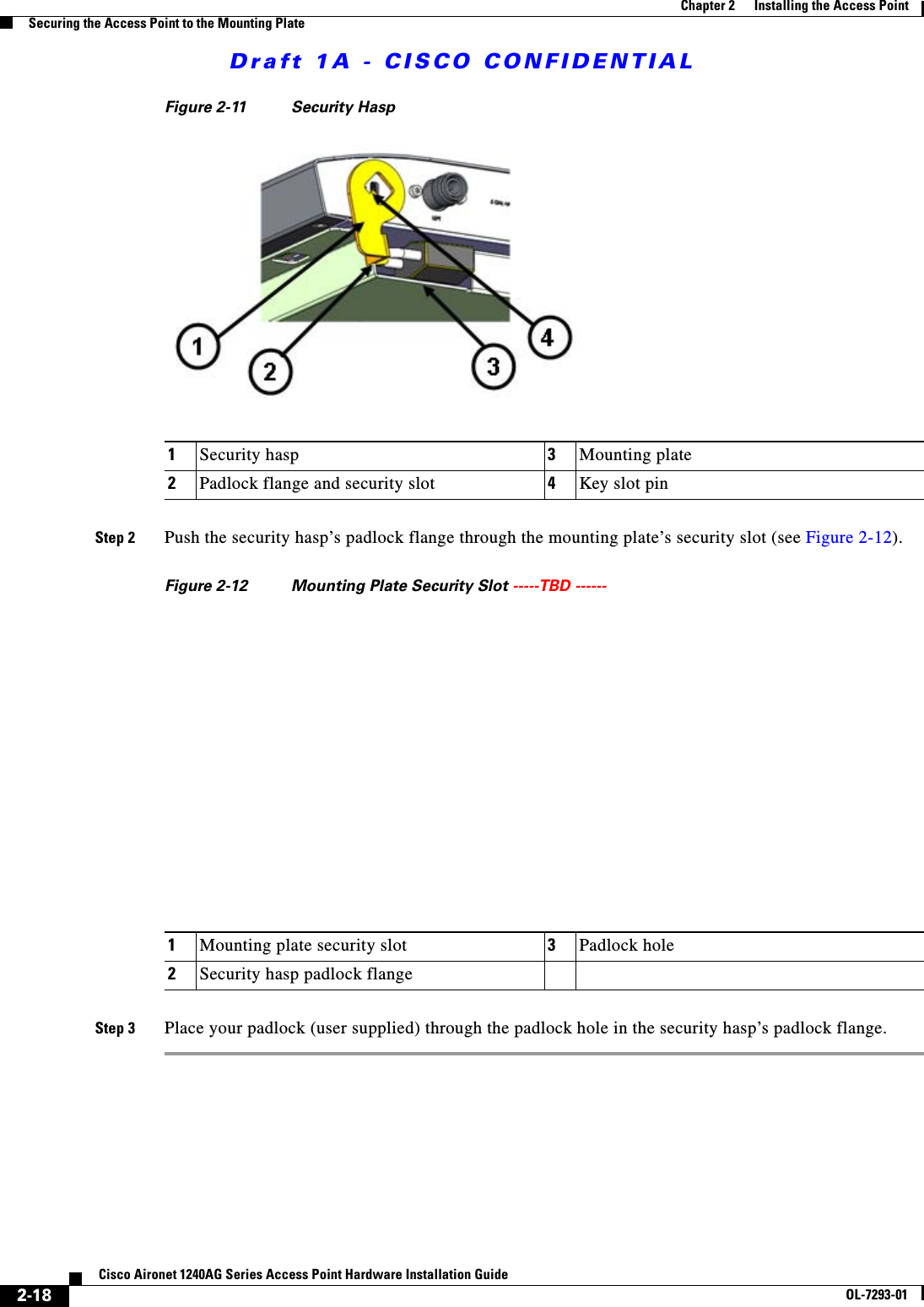 Draft 1A - CISCO CONFIDENTIAL2-18Cisco Aironet 1240AG Series Access Point Hardware Installation GuideOL-7293-01Chapter 2      Installing the Access PointSecuring the Access Point to the Mounting PlateFigure 2-11 Security HaspStep 2 Push the security hasp’s padlock flange through the mounting plate’s security slot (see Figure 2-12).Figure 2-12 Mounting Plate Security Slot -----TBD ------ Step 3 Place your padlock (user supplied) through the padlock hole in the security hasp’s padlock flange.1Security hasp 3Mounting plate2Padlock flange and security slot 4Key slot pin1Mounting plate security slot 3Padlock hole2Security hasp padlock flange
