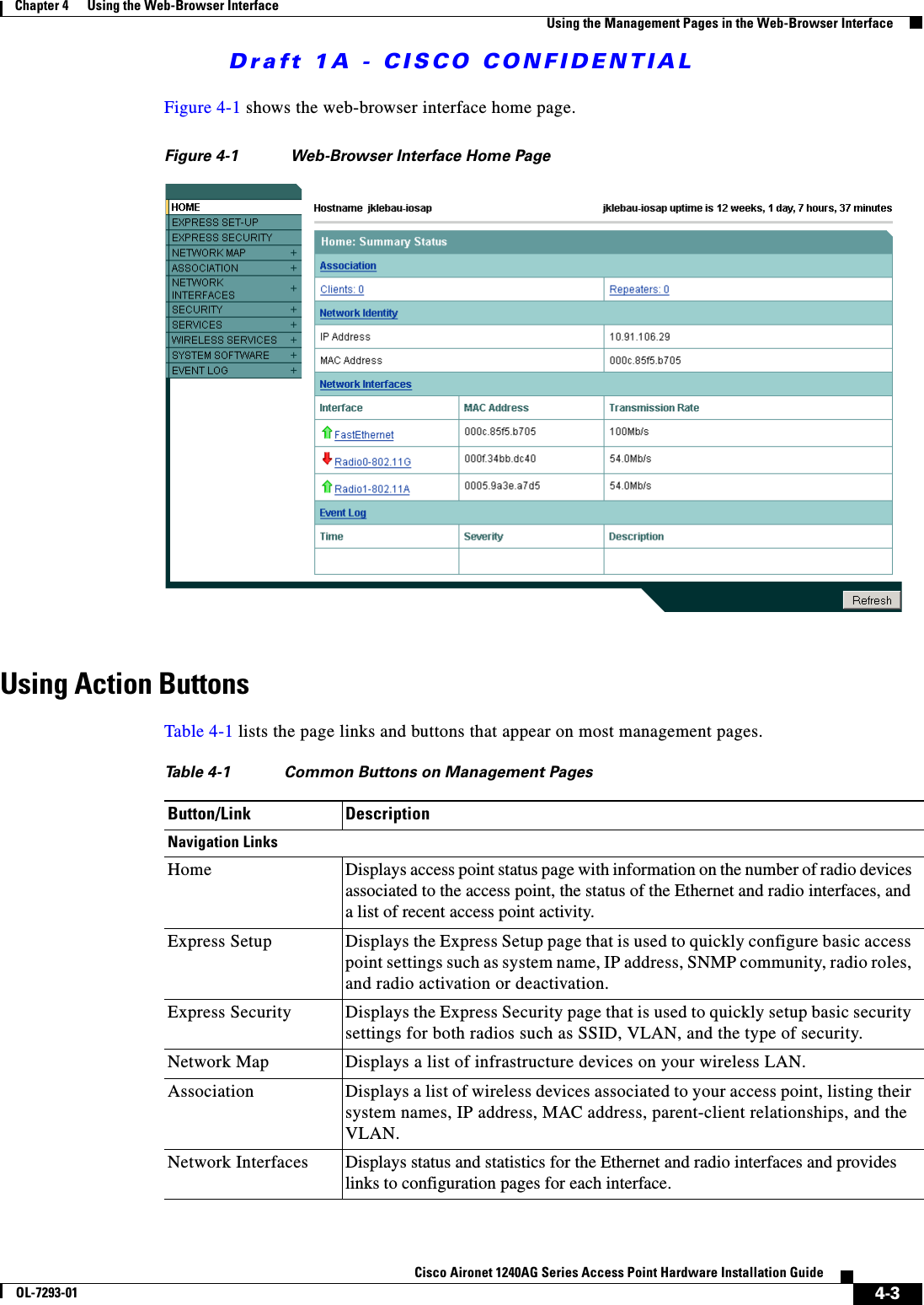 Draft 1A - CISCO CONFIDENTIAL4-3Cisco Aironet 1240AG Series Access Point Hardware Installation GuideOL-7293-01Chapter 4      Using the Web-Browser InterfaceUsing the Management Pages in the Web-Browser InterfaceFigure 4-1 shows the web-browser interface home page.Figure 4-1 Web-Browser Interface Home Page Using Action ButtonsTable 4-1 lists the page links and buttons that appear on most management pages.Table 4-1 Common Buttons on Management PagesButton/Link DescriptionNavigation LinksHome Displays access point status page with information on the number of radio devices associated to the access point, the status of the Ethernet and radio interfaces, and a list of recent access point activity.Express Setup Displays the Express Setup page that is used to quickly configure basic access point settings such as system name, IP address, SNMP community, radio roles, and radio activation or deactivation.Express Security Displays the Express Security page that is used to quickly setup basic security settings for both radios such as SSID, VLAN, and the type of security.Network Map Displays a list of infrastructure devices on your wireless LAN.Association Displays a list of wireless devices associated to your access point, listing their system names, IP address, MAC address, parent-client relationships, and the VLAN.Network Interfaces Displays status and statistics for the Ethernet and radio interfaces and provides links to configuration pages for each interface.