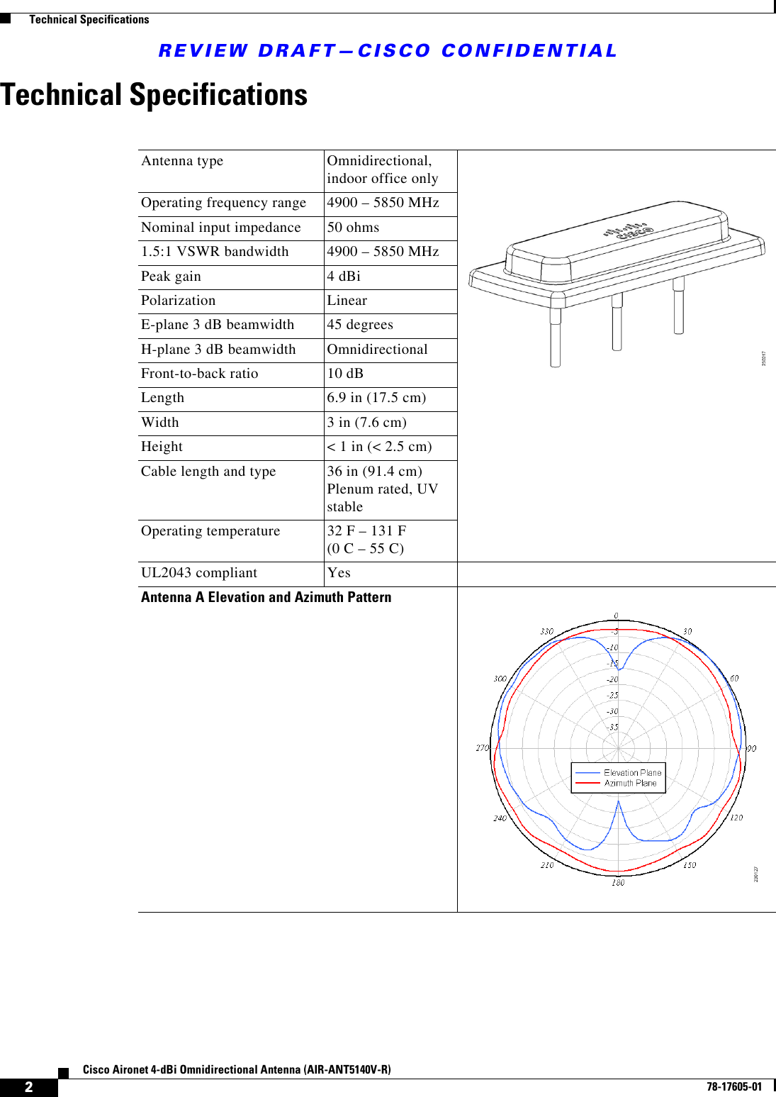 REVIEW DRAFT—CISCO CONFIDENTIAL2Cisco Aironet 4-dBi Omnidirectional Antenna (AIR-ANT5140V-R)78-17605-01  Technical SpecificationsTechnical SpecificationsAntenna type Omnidirectional, indoor office onlyOperating frequency range 4900 – 5850 MHzNominal input impedance 50 ohms1.5:1 VSWR bandwidth 4900 – 5850 MHzPeak gain 4 dBiPolarization LinearE-plane 3 dB beamwidth 45 degreesH-plane 3 dB beamwidth OmnidirectionalFront-to-back ratio 10 dBLength 6.9 in (17.5 cm)Width 3 in (7.6 cm)Height &lt; 1 in (&lt; 2.5 cm)Cable length and type 36 in (91.4 cm) Plenum rated, UV stableOperating temperature 32 F – 131 F(0 C – 55 C)UL2043 compliant YesAntenna A Elevation and Azimuth Pattern
