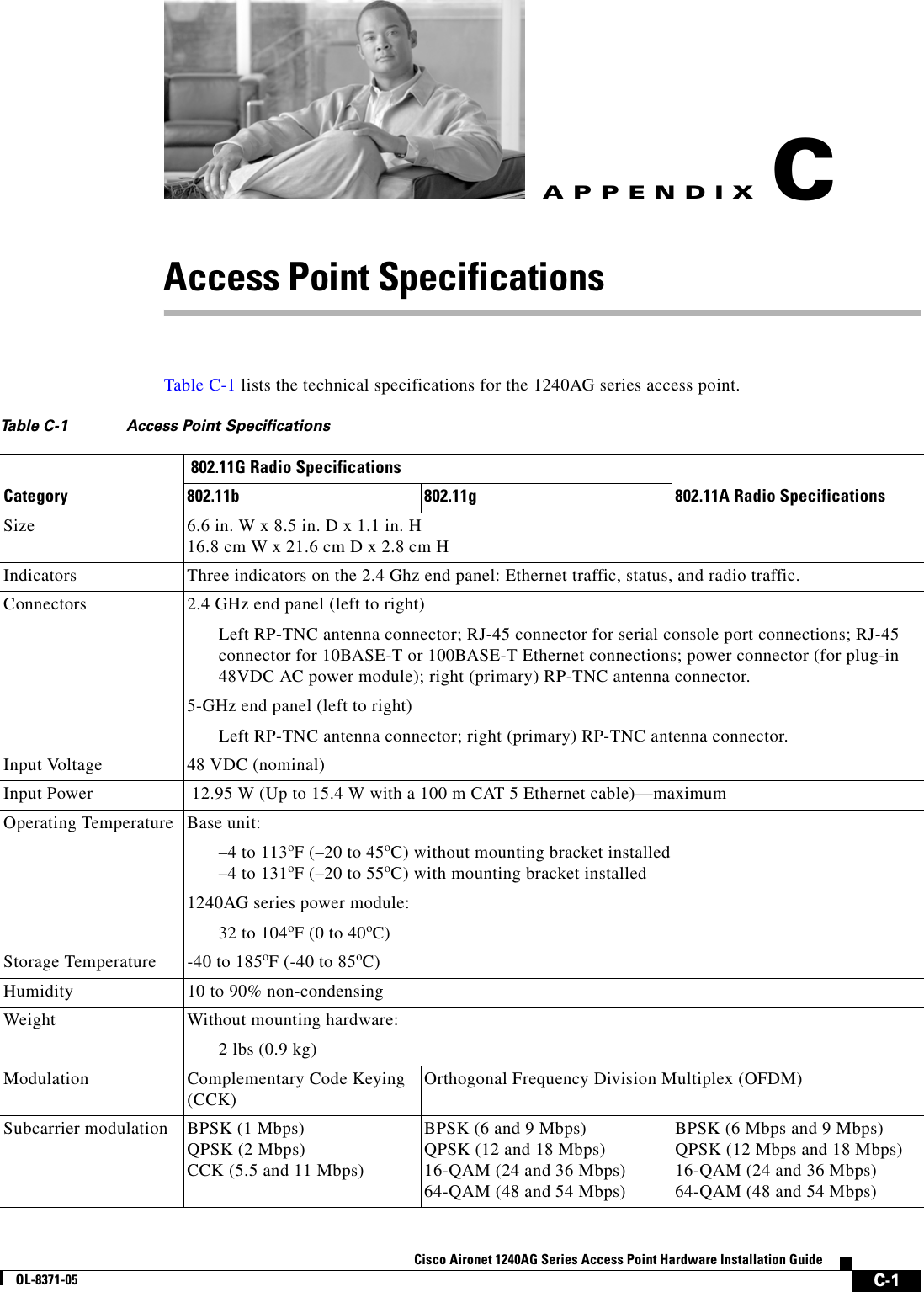 C-1Cisco Aironet 1240AG Series Access Point Hardware Installation GuideOL-8371-05APPENDIXCAccess Point Specifications Table C-1 lists the technical specifications for the 1240AG series access point.  Table C-1 Access Point SpecificationsCategory 802.11G Radio Specifications802.11A Radio Specifications802.11b 802.11gSize 6.6 in. W x 8.5 in. D x 1.1 in. H 16.8 cm W x 21.6 cm D x 2.8 cm H Indicators Three indicators on the 2.4 Ghz end panel: Ethernet traffic, status, and radio traffic.Connectors 2.4 GHz end panel (left to right)Left RP-TNC antenna connector; RJ-45 connector for serial console port connections; RJ-45 connector for 10BASE-T or 100BASE-T Ethernet connections; power connector (for plug-in 48VDC AC power module); right (primary) RP-TNC antenna connector.5-GHz end panel (left to right)Left RP-TNC antenna connector; right (primary) RP-TNC antenna connector.Input Voltage  48 VDC (nominal)Input Power  12.95 W (Up to 15.4 W with a 100 m CAT 5 Ethernet cable)—maximumOperating Temperature Base unit:–4 to 113oF (–20 to 45oC) without mounting bracket installed–4 to 131oF (–20 to 55oC) with mounting bracket installed1240AG series power module:32 to 104oF (0 to 40oC)Storage Temperature -40 to 185oF (-40 to 85oC)Humidity 10 to 90% non-condensingWeight Without mounting hardware:2 lbs (0.9 kg) Modulation Complementary Code Keying (CCK) Orthogonal Frequency Division Multiplex (OFDM)Subcarrier modulation BPSK (1 Mbps)QPSK (2 Mbps)CCK (5.5 and 11 Mbps)BPSK (6 and 9 Mbps)QPSK (12 and 18 Mbps)16-QAM (24 and 36 Mbps)64-QAM (48 and 54 Mbps)BPSK (6 Mbps and 9 Mbps)QPSK (12 Mbps and 18 Mbps)16-QAM (24 and 36 Mbps)64-QAM (48 and 54 Mbps)