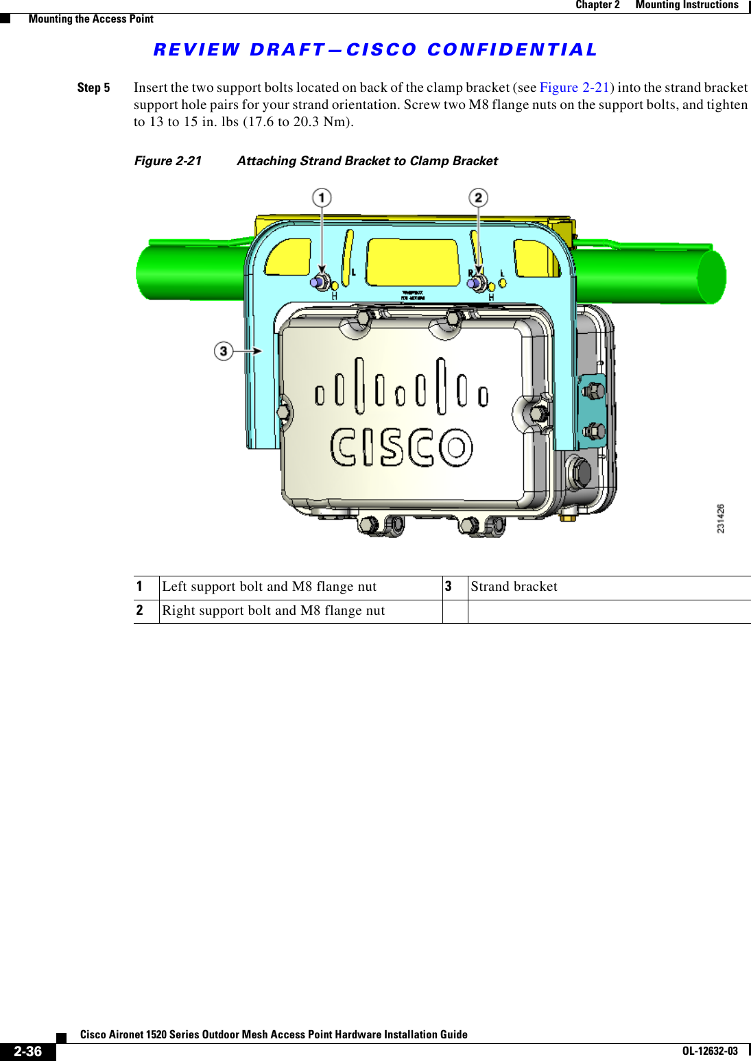 REVIEW DRAFT—CISCO CONFIDENTIAL2-36Cisco Aironet 1520 Series Outdoor Mesh Access Point Hardware Installation GuideOL-12632-03Chapter 2      Mounting Instructions  Mounting the Access PointStep 5 Insert the two support bolts located on back of the clamp bracket (see Figure 2-21) into the strand bracket support hole pairs for your strand orientation. Screw two M8 flange nuts on the support bolts, and tighten to 13 to 15 in. lbs (17.6 to 20.3 Nm).Figure 2-21 Attaching Strand Bracket to Clamp Bracket1Left support bolt and M8 flange nut 3Strand bracket2Right support bolt and M8 flange nut