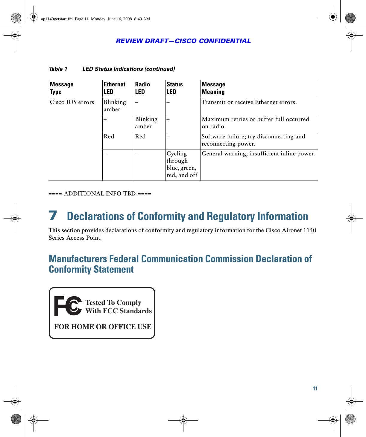 11REVIEW DRAFT—CISCO CONFIDENTIAL==== ADDITIONAL INFO TBD ====7  Declarations of Conformity and Regulatory InformationThis section provides declarations of conformity and regulatory information for the Cisco Aironet 1140 Series Access Point.Manufacturers Federal Communication Commission Declaration of Conformity StatementCisco IOS errors Blinking amber– – Transmit or receive Ethernet errors.–Blinking amber–Maximum retries or buffer full occurred on radio.Red Red –Software failure; try disconnecting and reconnecting power.– – Cycling through blue, green, red, and offGeneral warning, insufficient inline power.Table 1 LED Status Indications (continued)Message  TypeEthernet LEDRadio  LEDStatus  LEDMessageMeaningTested To ComplyWith FCC StandardsFOR HOME OR OFFICE USEap1140getstart.fm  Page 11  Monday, June 16, 2008  8:49 AM