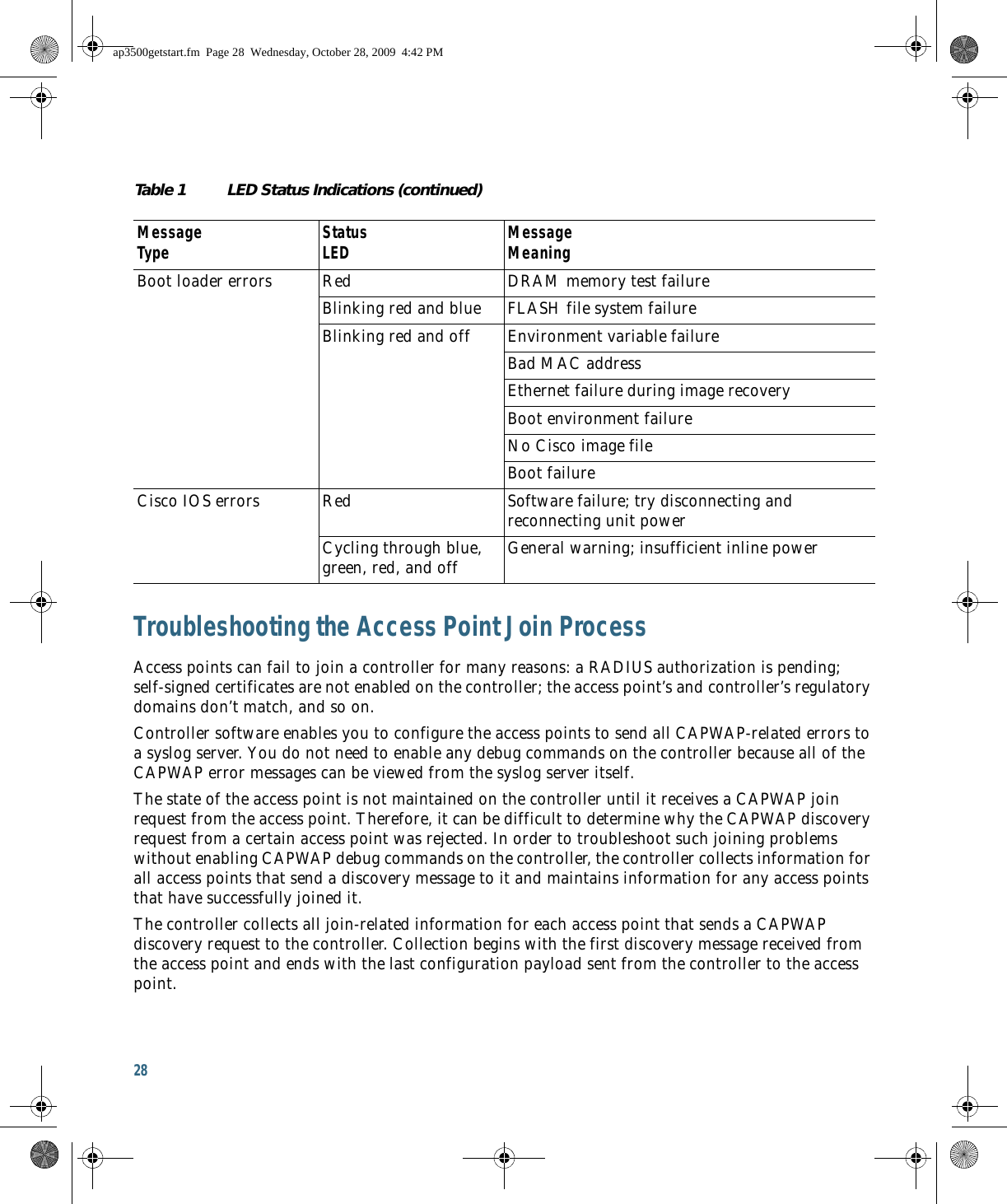 28 Troubleshooting the Access Point Join ProcessAccess points can fail to join a controller for many reasons: a RADIUS authorization is pending; self-signed certificates are not enabled on the controller; the access point’s and controller’s regulatory domains don’t match, and so on. Controller software enables you to configure the access points to send all CAPWAP-related errors to a syslog server. You do not need to enable any debug commands on the controller because all of the CAPWAP error messages can be viewed from the syslog server itself.The state of the access point is not maintained on the controller until it receives a CAPWAP join request from the access point. Therefore, it can be difficult to determine why the CAPWAP discovery request from a certain access point was rejected. In order to troubleshoot such joining problems without enabling CAPWAP debug commands on the controller, the controller collects information for all access points that send a discovery message to it and maintains information for any access points that have successfully joined it.The controller collects all join-related information for each access point that sends a CAPWAP discovery request to the controller. Collection begins with the first discovery message received from the access point and ends with the last configuration payload sent from the controller to the access point.Boot loader errors Red DRAM memory test failureBlinking red and blue FLASH file system failureBlinking red and off Environment variable failureBad MAC addressEthernet failure during image recoveryBoot environment failureNo Cisco image fileBoot failureCisco IOS errors Red Software failure; try disconnecting and reconnecting unit powerCycling through blue, green, red, and off General warning; insufficient inline powerTable 1 LED Status Indications (continued)Message  Type Status  LED MessageMeaningap3500getstart.fm  Page 28  Wednesday, October 28, 2009  4:42 PM