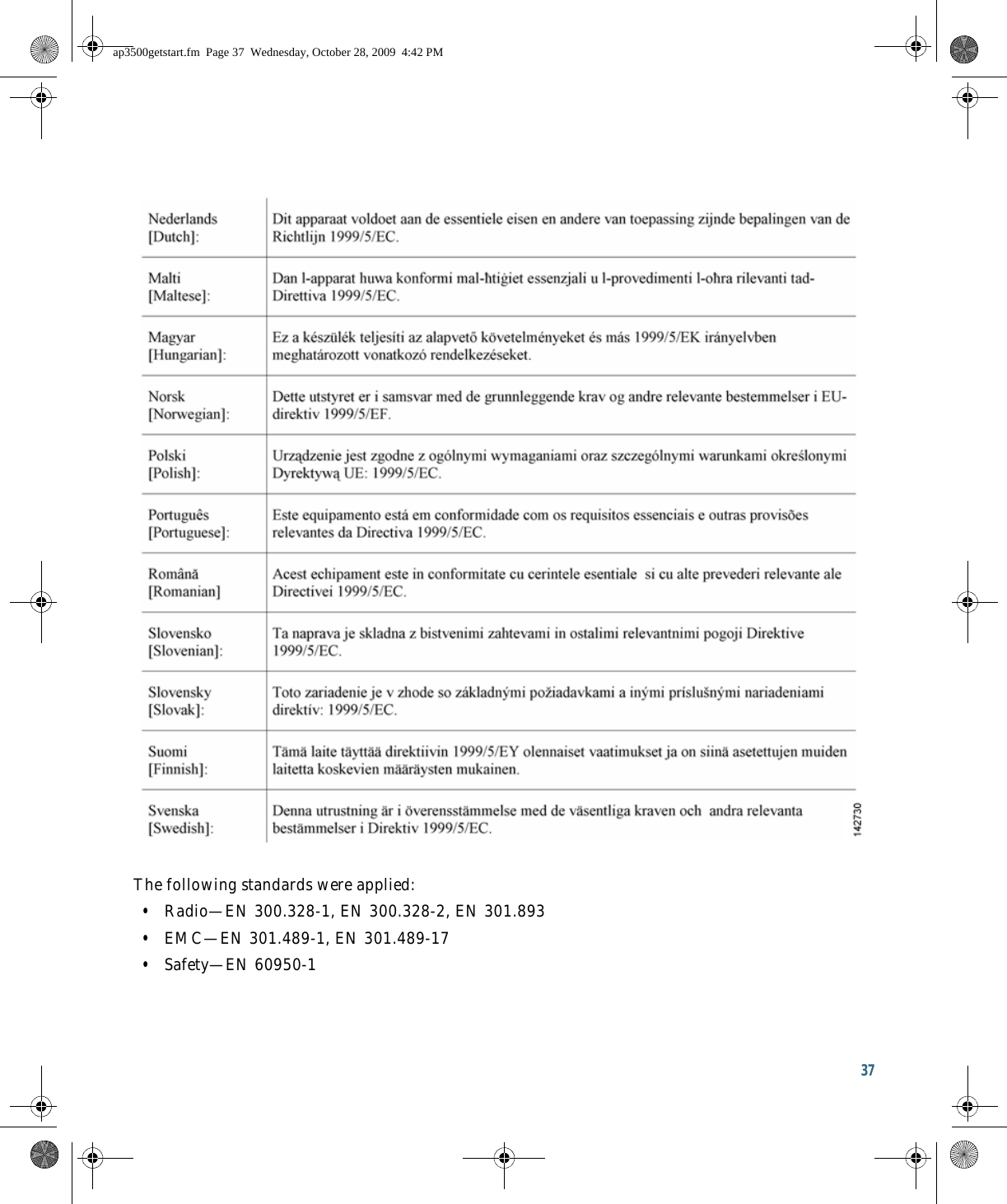 37 The following standards were applied:  • Radio—EN 300.328-1, EN 300.328-2, EN 301.893  • EMC—EN 301.489-1, EN 301.489-17  • Safety—EN 60950-1ap3500getstart.fm  Page 37  Wednesday, October 28, 2009  4:42 PM