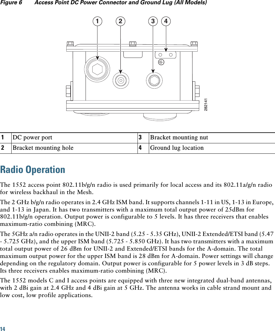14Figure 6 Access Point DC Power Connector and Ground Lug (All Models)Radio OperationThe 1552 access point 802.11b/g/n radio is used primarily for local access and its 802.11a/g/n radio for wireless backhaul in the Mesh. The 2 GHz b/g/n radio operates in 2.4 GHz ISM band. It supports channels 1-11 in US, 1-13 in Europe, and 1-13 in Japan. It has two transmitters with a maximum total output power of 25dBm for 802.11b/g/n operation. Output power is configurable to 5 levels. It has three receivers that enables maximum-ratio combining (MRC). The 5GHz a/n radio operates in the UNII-2 band (5.25 - 5.35 GHz), UNII-2 Extended/ETSI band (5.47 - 5.725 GHz), and the upper ISM band (5.725 - 5.850 GHz). It has two transmitters with a maximum total output power of 26 dBm for UNII-2 and Extended/ETSI bands for the A-domain. The total maximum output power for the upper ISM band is 28 dBm for A-domain. Power settings will change depending on the regulatory domain. Output power is configurable for 5 power levels in 3 dB steps.   Its three receivers enables maximum-ratio combining (MRC).The 1552 models C and I access points are equipped with three new integrated dual-band antennas, with 2 dBi gain at 2.4 GHz and 4 dBi gain at 5 GHz. The antenna works in cable strand mount and low cost, low profile applications. 1DC power port 3Bracket mounting nut2Bracket mounting hole 4Ground lug location2821411 3 42