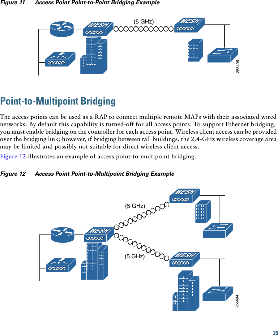 25Figure 11 Access Point Point-to-Point Bridging ExamplePoint-to-Multipoint BridgingThe access points can be used as a RAP to connect multiple remote MAPs with their associated wired networks. By default this capability is turned-off for all access points. To support Ethernet bridging, you must enable bridging on the controller for each access point. Wireless client access can be provided over the bridging link; however, if bridging between tall buildings, the 2.4-GHz wireless coverage area may be limited and possibly not suitable for direct wireless client access.Figure 12 illustrates an example of access point-to-multipoint bridging.Figure 12 Access Point Point-to-Multipoint Bridging Example255495(5 GHz)255494(5 GHz)(5 GHz)