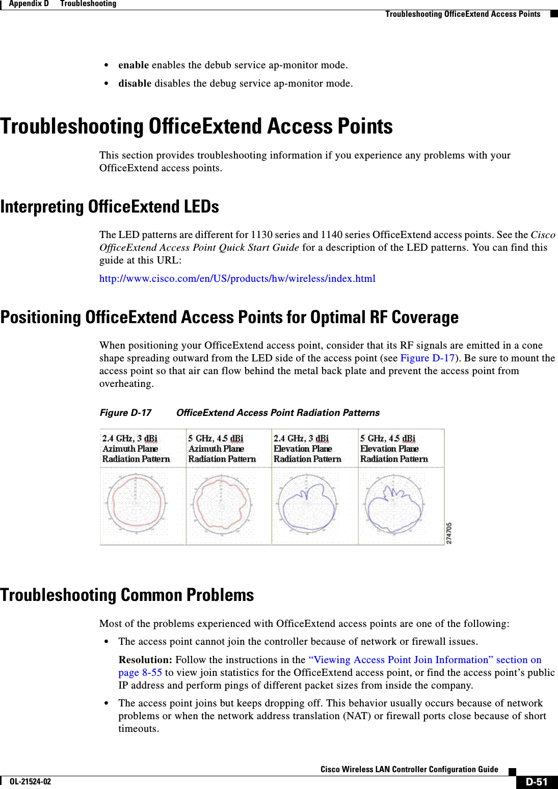  D-51Cisco Wireless LAN Controller Configuration GuideOL-21524-02Appendix D      Troubleshooting  Troubleshooting OfficeExtend Access Points  • enable enables the debub service ap-monitor mode.  • disable disables the debug service ap-monitor mode.Troubleshooting OfficeExtend Access PointsThis section provides troubleshooting information if you experience any problems with your OfficeExtend access points.Interpreting OfficeExtend LEDsThe LED patterns are different for 1130 series and 1140 series OfficeExtend access points. See the Cisco OfficeExtend Access Point Quick Start Guide for a description of the LED patterns. You can find this guide at this URL:http://www.cisco.com/en/US/products/hw/wireless/index.htmlPositioning OfficeExtend Access Points for Optimal RF CoverageWhen positioning your OfficeExtend access point, consider that its RF signals are emitted in a cone shape spreading outward from the LED side of the access point (see Figure D-17). Be sure to mount the access point so that air can flow behind the metal back plate and prevent the access point from overheating.Figure D-17 OfficeExtend Access Point Radiation PatternsTroubleshooting Common ProblemsMost of the problems experienced with OfficeExtend access points are one of the following:  • The access point cannot join the controller because of network or firewall issues.Resolution: Follow the instructions in the “Viewing Access Point Join Information” section on page 8-55 to view join statistics for the OfficeExtend access point, or find the access point’s public IP address and perform pings of different packet sizes from inside the company.  • The access point joins but keeps dropping off. This behavior usually occurs because of network problems or when the network address translation (NAT) or firewall ports close because of short timeouts.