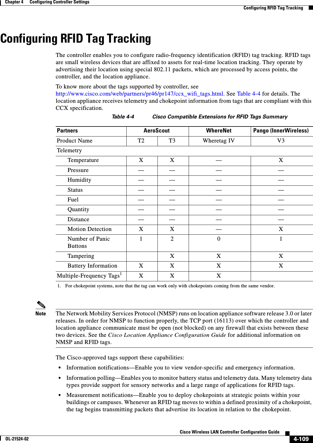  4-109Cisco Wireless LAN Controller Configuration GuideOL-21524-02Chapter 4      Configuring Controller SettingsConfiguring RFID Tag TrackingConfiguring RFID Tag TrackingThe controller enables you to configure radio-frequency identification (RFID) tag tracking. RFID tags are small wireless devices that are affixed to assets for real-time location tracking. They operate by advertising their location using special 802.11 packets, which are processed by access points, the controller, and the location appliance. To know more about the tags supported by controller, see http://www.cisco.com/web/partners/pr46/pr147/ccx_wifi_tags.html. See Table 4-4 for details. The location appliance receives telemetry and chokepoint information from tags that are compliant with this CCX specification.Note The Network Mobility Services Protocol (NMSP) runs on location appliance software release 3.0 or later releases. In order for NMSP to function properly, the TCP port (16113) over which the controller and location appliance communicate must be open (not blocked) on any firewall that exists between these two devices. See the Cisco Location Appliance Configuration Guide for additional information on NMSP and RFID tags.The Cisco-approved tags support these capabilities:  • Information notifications—Enable you to view vendor-specific and emergency information.  • Information polling—Enables you to monitor battery status and telemetry data. Many telemetry data types provide support for sensory networks and a large range of applications for RFID tags.  • Measurement notifications—Enable you to deploy chokepoints at strategic points within your buildings or campuses. Whenever an RFID tag moves to within a defined proximity of a chokepoint, the tag begins transmitting packets that advertise its location in relation to the chokepoint.Ta b l e  4-4 Cisco Compatible Extensions for RFID Tags SummaryPartners AeroScout WhereNet Pango (InnerWireless)Product Name T2 T3 Wheretag IV V3TelemetryTemperature X X — XPressure — — — —Humidity — — — —Status — — — —Fuel — — — —Quantity — — — —Distance — — — —Motion Detection X X — XNumber of Panic Buttons1 2 0 1Tampering X X XBattery Information X X X XMultiple-Frequency Tags11. For chokepoint systems, note that the tag can work only with chokepoints coming from the same vendor.X X X