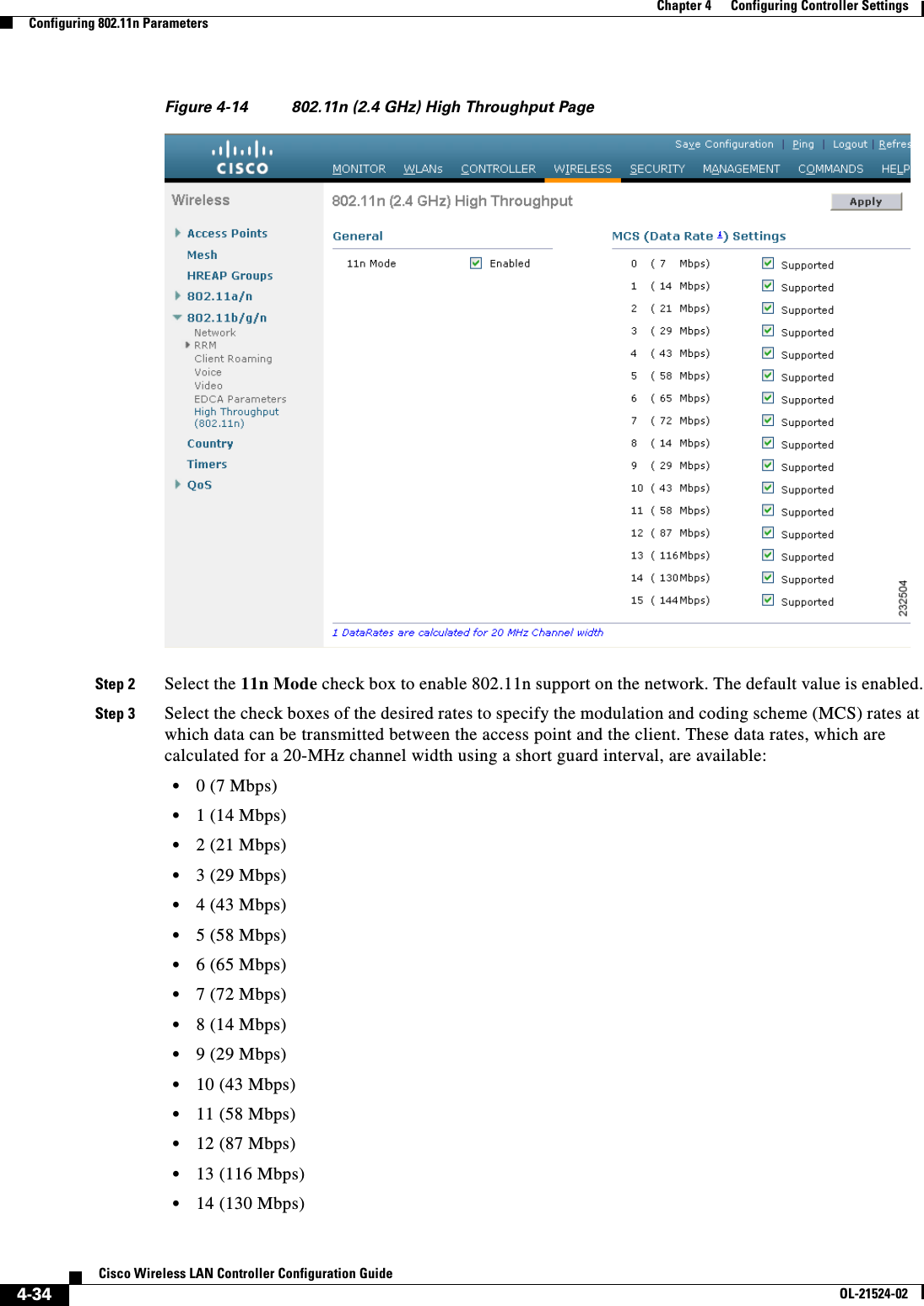  4-34Cisco Wireless LAN Controller Configuration GuideOL-21524-02Chapter 4      Configuring Controller SettingsConfiguring 802.11n ParametersFigure 4-14 802.11n (2.4 GHz) High Throughput PageStep 2 Select the 11n Mode check box to enable 802.11n support on the network. The default value is enabled.Step 3 Select the check boxes of the desired rates to specify the modulation and coding scheme (MCS) rates at which data can be transmitted between the access point and the client. These data rates, which are calculated for a 20-MHz channel width using a short guard interval, are available:  • 0 (7 Mbps)  • 1 (14 Mbps)  • 2 (21 Mbps)  • 3 (29 Mbps)  • 4 (43 Mbps)  • 5 (58 Mbps)  • 6 (65 Mbps)  • 7 (72 Mbps)  • 8 (14 Mbps)  • 9 (29 Mbps)  • 10 (43 Mbps)  • 11 (58 Mbps)  • 12 (87 Mbps)  • 13 (116 Mbps)  • 14 (130 Mbps)