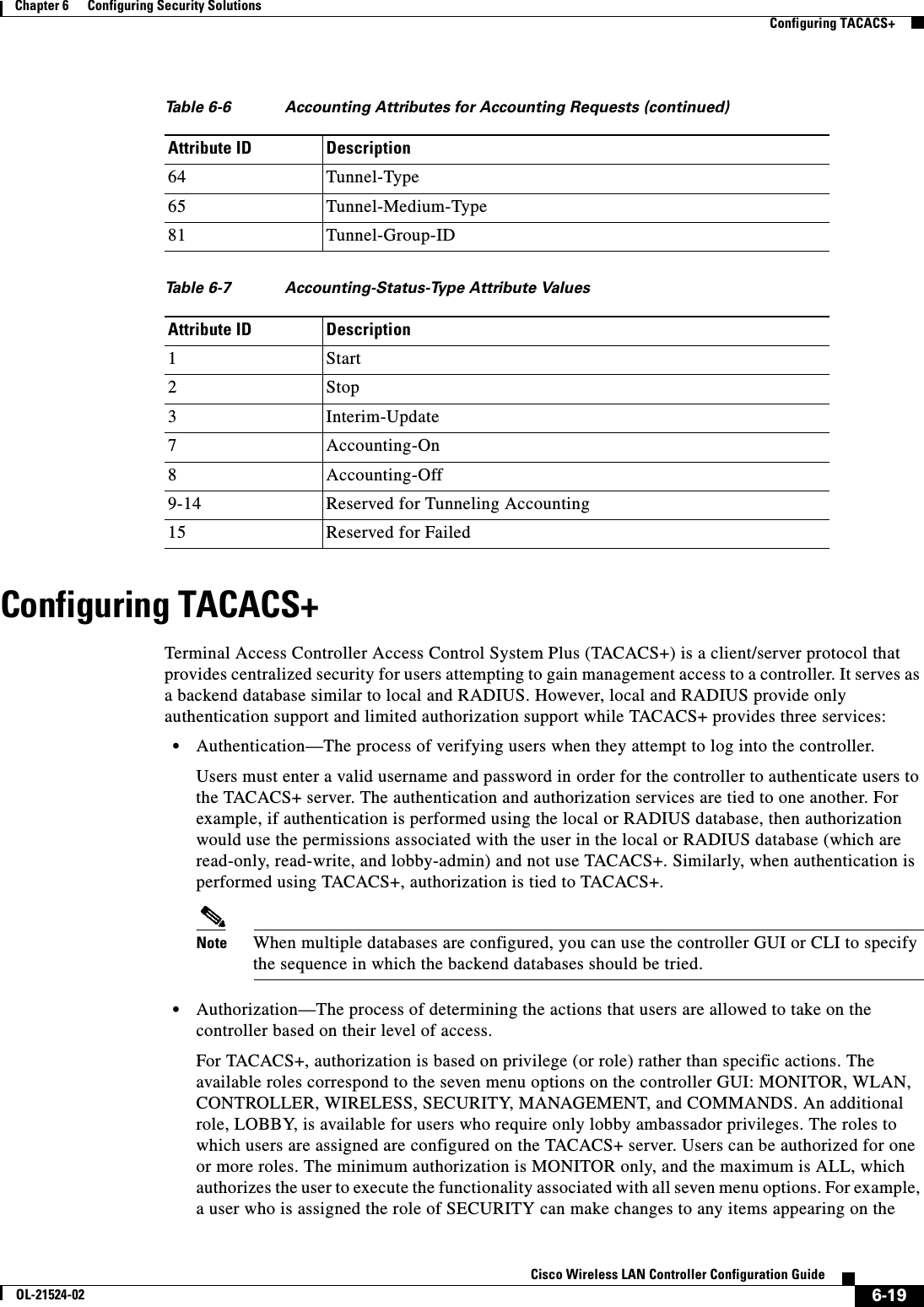  6-19Cisco Wireless LAN Controller Configuration GuideOL-21524-02Chapter 6      Configuring Security Solutions  Configuring TACACS+Configuring TACACS+Terminal Access Controller Access Control System Plus (TACACS+) is a client/server protocol that provides centralized security for users attempting to gain management access to a controller. It serves as a backend database similar to local and RADIUS. However, local and RADIUS provide only authentication support and limited authorization support while TACACS+ provides three services:  • Authentication—The process of verifying users when they attempt to log into the controller.Users must enter a valid username and password in order for the controller to authenticate users to the TACACS+ server. The authentication and authorization services are tied to one another. For example, if authentication is performed using the local or RADIUS database, then authorization would use the permissions associated with the user in the local or RADIUS database (which are read-only, read-write, and lobby-admin) and not use TACACS+. Similarly, when authentication is performed using TACACS+, authorization is tied to TACACS+.Note When multiple databases are configured, you can use the controller GUI or CLI to specify the sequence in which the backend databases should be tried.  • Authorization—The process of determining the actions that users are allowed to take on the controller based on their level of access.For TACACS+, authorization is based on privilege (or role) rather than specific actions. The available roles correspond to the seven menu options on the controller GUI: MONITOR, WLAN, CONTROLLER, WIRELESS, SECURITY, MANAGEMENT, and COMMANDS. An additional role, LOBBY, is available for users who require only lobby ambassador privileges. The roles to which users are assigned are configured on the TACACS+ server. Users can be authorized for one or more roles. The minimum authorization is MONITOR only, and the maximum is ALL, which authorizes the user to execute the functionality associated with all seven menu options. For example, a user who is assigned the role of SECURITY can make changes to any items appearing on the 64 Tunnel-Type65 Tunnel-Medium-Type81 Tunnel-Group-IDTa b l e  6-7 Accounting-Status-Type Attribute ValuesAttribute ID Description1Start2Stop3Interim-Update7Accounting-On8Accounting-Off9-14 Reserved for Tunneling Accounting15 Reserved for FailedTable 6-6 Accounting Attributes for Accounting Requests (continued)Attribute ID Description