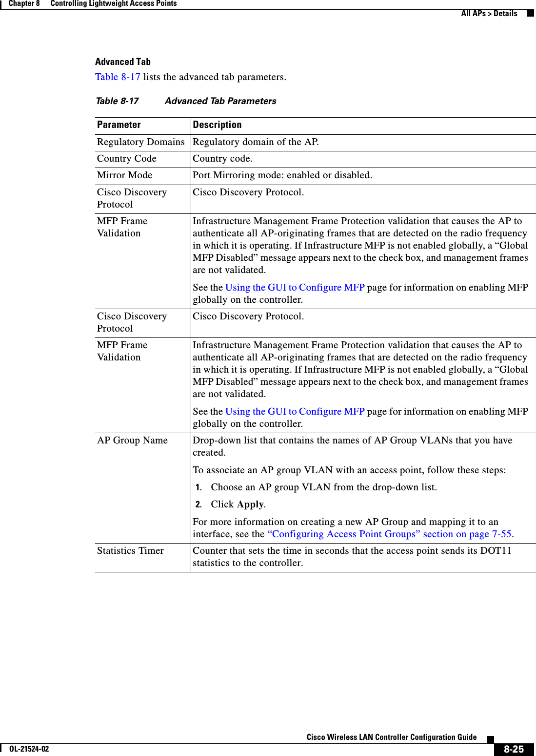  8-25Cisco Wireless LAN Controller Configuration GuideOL-21524-02Chapter 8      Controlling Lightweight Access Points  All APs &gt; DetailsAdvanced TabTable 8-17 lists the advanced tab parameters.Ta b l e  8-17 Advanced Tab Parameters Parameter DescriptionRegulatory Domains Regulatory domain of the AP.Country Code  Country code.Mirror Mode Port Mirroring mode: enabled or disabled.Cisco Discovery ProtocolCisco Discovery Protocol.MFP Frame Validation Infrastructure Management Frame Protection validation that causes the AP to authenticate all AP-originating frames that are detected on the radio frequency in which it is operating. If Infrastructure MFP is not enabled globally, a “Global MFP Disabled” message appears next to the check box, and management frames are not validated. See the Using the GUI to Configure MFP page for information on enabling MFP globally on the controller.Cisco Discovery ProtocolCisco Discovery Protocol.MFP Frame Validation Infrastructure Management Frame Protection validation that causes the AP to authenticate all AP-originating frames that are detected on the radio frequency in which it is operating. If Infrastructure MFP is not enabled globally, a “Global MFP Disabled” message appears next to the check box, and management frames are not validated. See the Using the GUI to Configure MFP page for information on enabling MFP globally on the controller.AP Group Name Drop-down list that contains the names of AP Group VLANs that you have created. To associate an AP group VLAN with an access point, follow these steps:1. Choose an AP group VLAN from the drop-down list.2. Click Apply.For more information on creating a new AP Group and mapping it to an interface, see the “Configuring Access Point Groups” section on page 7-55.Statistics Timer Counter that sets the time in seconds that the access point sends its DOT11 statistics to the controller.