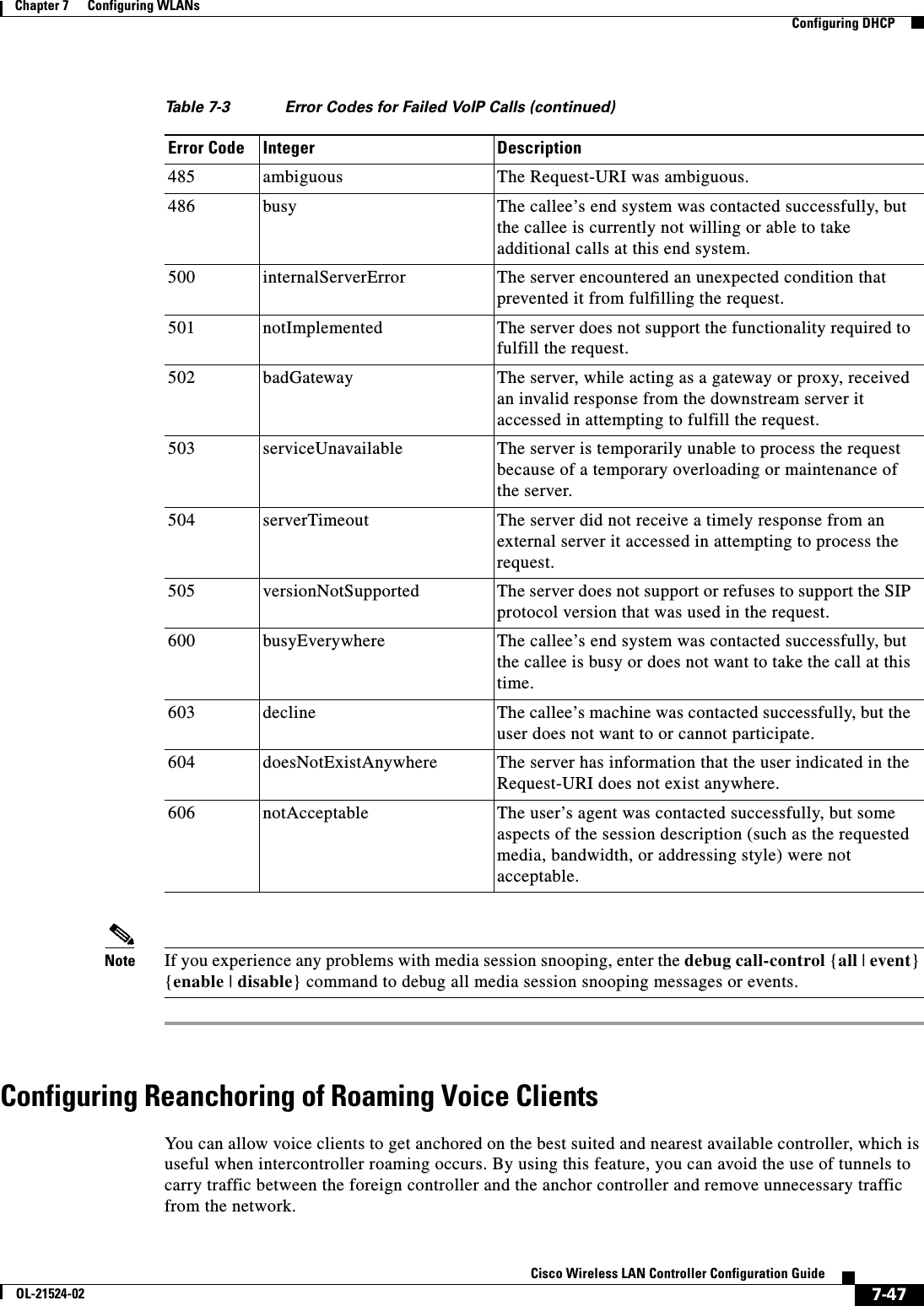  7-47Cisco Wireless LAN Controller Configuration GuideOL-21524-02Chapter 7      Configuring WLANs  Configuring DHCPNote If you experience any problems with media session snooping, enter the debug call-control {all | event} {enable | disable} command to debug all media session snooping messages or events.Configuring Reanchoring of Roaming Voice ClientsYou can allow voice clients to get anchored on the best suited and nearest available controller, which is useful when intercontroller roaming occurs. By using this feature, you can avoid the use of tunnels to carry traffic between the foreign controller and the anchor controller and remove unnecessary traffic from the network.485 ambiguous The Request-URI was ambiguous.486 busy The callee’s end system was contacted successfully, but the callee is currently not willing or able to take additional calls at this end system.500 internalServerError The server encountered an unexpected condition that prevented it from fulfilling the request.501 notImplemented The server does not support the functionality required to fulfill the request.502 badGateway The server, while acting as a gateway or proxy, received an invalid response from the downstream server it accessed in attempting to fulfill the request.503 serviceUnavailable The server is temporarily unable to process the request because of a temporary overloading or maintenance of the server.504 serverTimeout The server did not receive a timely response from an external server it accessed in attempting to process the request.505 versionNotSupported The server does not support or refuses to support the SIP protocol version that was used in the request.600 busyEverywhere The callee’s end system was contacted successfully, but the callee is busy or does not want to take the call at this time.603 decline The callee’s machine was contacted successfully, but the user does not want to or cannot participate.604 doesNotExistAnywhere The server has information that the user indicated in the Request-URI does not exist anywhere.606 notAcceptable The user’s agent was contacted successfully, but some aspects of the session description (such as the requested media, bandwidth, or addressing style) were not acceptable.Table 7-3 Error Codes for Failed VoIP Calls (continued)Error Code Integer Description
