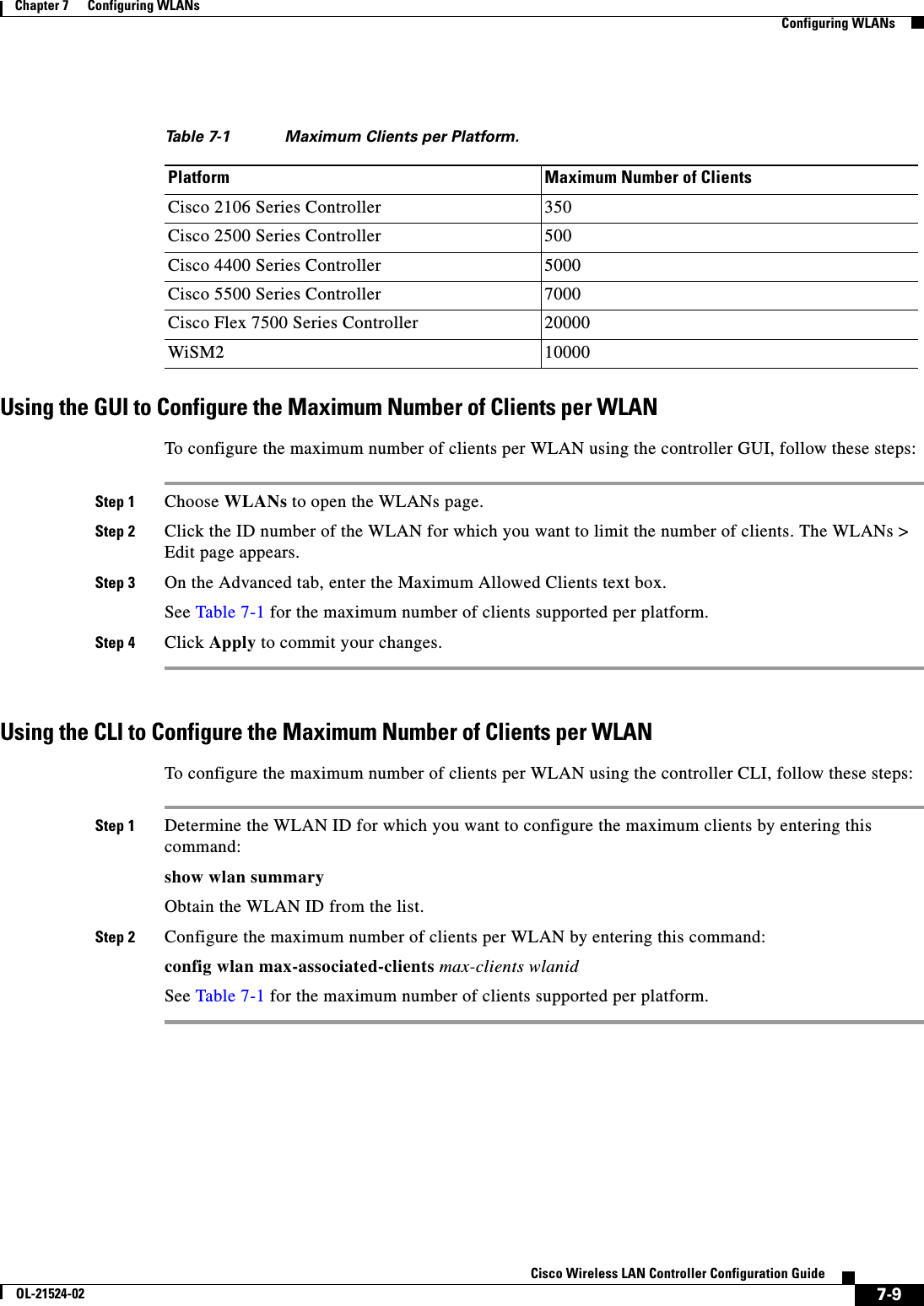  7-9Cisco Wireless LAN Controller Configuration GuideOL-21524-02Chapter 7      Configuring WLANs  Configuring WLANsUsing the GUI to Configure the Maximum Number of Clients per WLANTo configure the maximum number of clients per WLAN using the controller GUI, follow these steps:Step 1 Choose WLANs to open the WLANs page.Step 2 Click the ID number of the WLAN for which you want to limit the number of clients. The WLANs &gt; Edit page appears. Step 3 On the Advanced tab, enter the Maximum Allowed Clients text box. See Table 7-1 for the maximum number of clients supported per platform.Step 4 Click Apply to commit your changes.Using the CLI to Configure the Maximum Number of Clients per WLANTo configure the maximum number of clients per WLAN using the controller CLI, follow these steps:Step 1 Determine the WLAN ID for which you want to configure the maximum clients by entering this command:show wlan summaryObtain the WLAN ID from the list.Step 2 Configure the maximum number of clients per WLAN by entering this command:config wlan max-associated-clients max-clients wlanidSee Table 7-1 for the maximum number of clients supported per platform.Ta b l e  7-1 Maximum Clients per Platform.Platform Maximum Number of ClientsCisco 2106 Series Controller 350Cisco 2500 Series Controller 500Cisco 4400 Series Controller 5000Cisco 5500 Series Controller 7000Cisco Flex 7500 Series Controller 20000WiSM2 10000