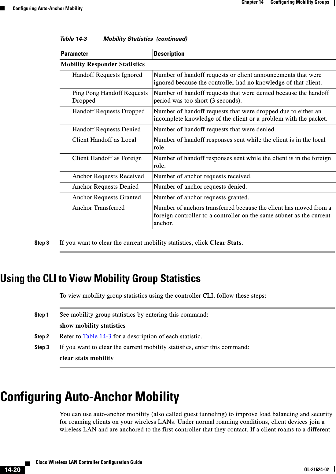 14-20Cisco Wireless LAN Controller Configuration GuideOL-21524-02Chapter 14      Configuring Mobility Groups  Configuring Auto-Anchor MobilityStep 3 If you want to clear the current mobility statistics, click Clear Stats.Using the CLI to View Mobility Group StatisticsTo view mobility group statistics using the controller CLI, follow these steps:Step 1 See mobility group statistics by entering this command:show mobility statisticsStep 2 Refer to Table 14-3 for a description of each statistic.Step 3 If you want to clear the current mobility statistics, enter this command:clear stats mobilityConfiguring Auto-Anchor MobilityYou can use auto-anchor mobility (also called guest tunneling) to improve load balancing and security for roaming clients on your wireless LANs. Under normal roaming conditions, client devices join a wireless LAN and are anchored to the first controller that they contact. If a client roams to a different Mobility Responder StatisticsHandoff Requests Ignored Number of handoff requests or client announcements that were ignored because the controller had no knowledge of that client.Ping Pong Handoff Requests DroppedNumber of handoff requests that were denied because the handoff period was too short (3 seconds).Handoff Requests Dropped Number of handoff requests that were dropped due to either an incomplete knowledge of the client or a problem with the packet.Handoff Requests Denied Number of handoff requests that were denied.Client Handoff as Local Number of handoff responses sent while the client is in the local role.Client Handoff as Foreign Number of handoff responses sent while the client is in the foreign role.Anchor Requests Received Number of anchor requests received.Anchor Requests Denied Number of anchor requests denied.Anchor Requests Granted Number of anchor requests granted.Anchor Transferred Number of anchors transferred because the client has moved from a foreign controller to a controller on the same subnet as the current anchor.Table 14-3 Mobility Statistics  (continued)Parameter Description