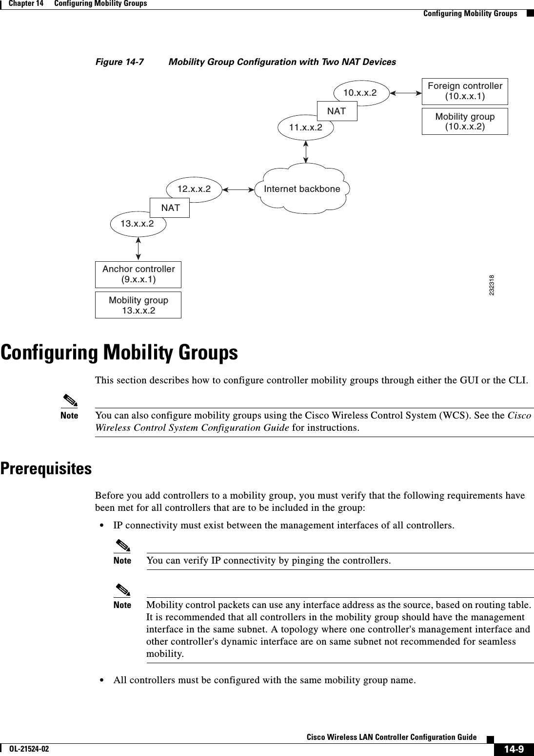  14-9Cisco Wireless LAN Controller Configuration GuideOL-21524-02Chapter 14      Configuring Mobility Groups  Configuring Mobility GroupsFigure 14-7 Mobility Group Configuration with Two NAT DevicesConfiguring Mobility GroupsThis section describes how to configure controller mobility groups through either the GUI or the CLI.Note You can also configure mobility groups using the Cisco Wireless Control System (WCS). See the Cisco Wireless Control System Configuration Guide for instructions.PrerequisitesBefore you add controllers to a mobility group, you must verify that the following requirements have been met for all controllers that are to be included in the group:  • IP connectivity must exist between the management interfaces of all controllers.Note You can verify IP connectivity by pinging the controllers.Note Mobility control packets can use any interface address as the source, based on routing table. It is recommended that all controllers in the mobility group should have the management interface in the same subnet. A topology where one controller&apos;s management interface and other controller&apos;s dynamic interface are on same subnet not recommended for seamless mobility.  • All controllers must be configured with the same mobility group name.12.x.x.213.x.x.2Anchor controller(9.x.x.1)Mobility group13.x.x.2Foreign controller(10.x.x.1)Mobility group(10.x.x.2)10.x.x.211.x.x.2232318NATNATInternet backbone