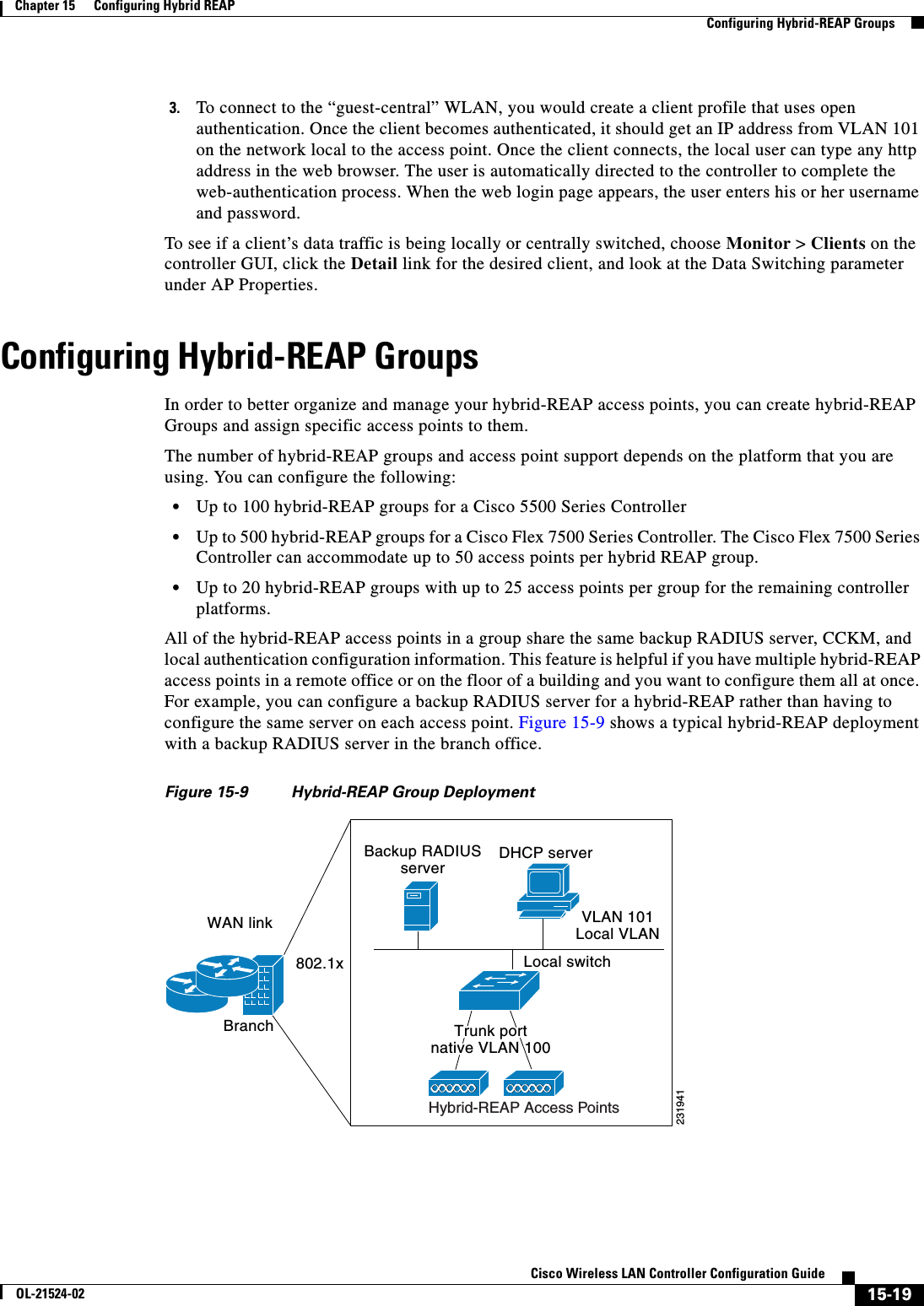  15-19Cisco Wireless LAN Controller Configuration GuideOL-21524-02Chapter 15      Configuring Hybrid REAP  Configuring Hybrid-REAP Groups3. To connect to the “guest-central” WLAN, you would create a client profile that uses open authentication. Once the client becomes authenticated, it should get an IP address from VLAN 101 on the network local to the access point. Once the client connects, the local user can type any http address in the web browser. The user is automatically directed to the controller to complete the web-authentication process. When the web login page appears, the user enters his or her username and password.To see if a client’s data traffic is being locally or centrally switched, choose Monitor &gt; Clients on the controller GUI, click the Detail link for the desired client, and look at the Data Switching parameter under AP Properties.Configuring Hybrid-REAP GroupsIn order to better organize and manage your hybrid-REAP access points, you can create hybrid-REAP Groups and assign specific access points to them. The number of hybrid-REAP groups and access point support depends on the platform that you are using. You can configure the following:  • Up to 100 hybrid-REAP groups for a Cisco 5500 Series Controller  • Up to 500 hybrid-REAP groups for a Cisco Flex 7500 Series Controller. The Cisco Flex 7500 Series Controller can accommodate up to 50 access points per hybrid REAP group.  • Up to 20 hybrid-REAP groups with up to 25 access points per group for the remaining controller platforms.All of the hybrid-REAP access points in a group share the same backup RADIUS server, CCKM, and local authentication configuration information. This feature is helpful if you have multiple hybrid-REAP access points in a remote office or on the floor of a building and you want to configure them all at once. For example, you can configure a backup RADIUS server for a hybrid-REAP rather than having to configure the same server on each access point. Figure 15-9 shows a typical hybrid-REAP deployment with a backup RADIUS server in the branch office.Figure 15-9 Hybrid-REAP Group DeploymentBackup RADIUSserverWAN linkBranch802.1xDHCP serverVLAN 101Local VLANLocal switch231941Trunk portnative VLAN 100Trunk portnative VLAN 100Hybrid-REAP Access Points