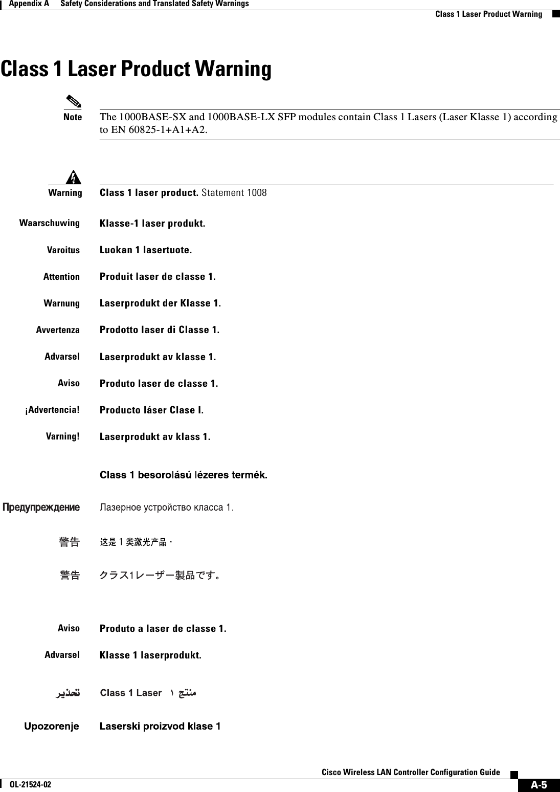  A-5Cisco Wireless LAN Controller Configuration GuideOL-21524-02Appendix A      Safety Considerations and Translated Safety Warnings  Class 1 Laser Product WarningClass 1 Laser Product WarningNote The 1000BASE-SX and 1000BASE-LX SFP modules contain Class 1 Lasers (Laser Klasse 1) according to EN 60825-1+A1+A2.WarningClass 1 laser product. Statement 1008WaarschuwingKlasse-1 laser produkt.VaroitusLuokan 1 lasertuote.AttentionProduit laser de classe 1.WarnungLaserprodukt der Klasse 1.AvvertenzaProdotto laser di Classe 1.AdvarselLaserprodukt av klasse 1.AvisoProduto laser de classe 1.¡Advertencia!Producto láser Clase I.Varning!Laserprodukt av klass 1.AvisoProduto a laser de classe 1.AdvarselKlasse 1 laserprodukt.