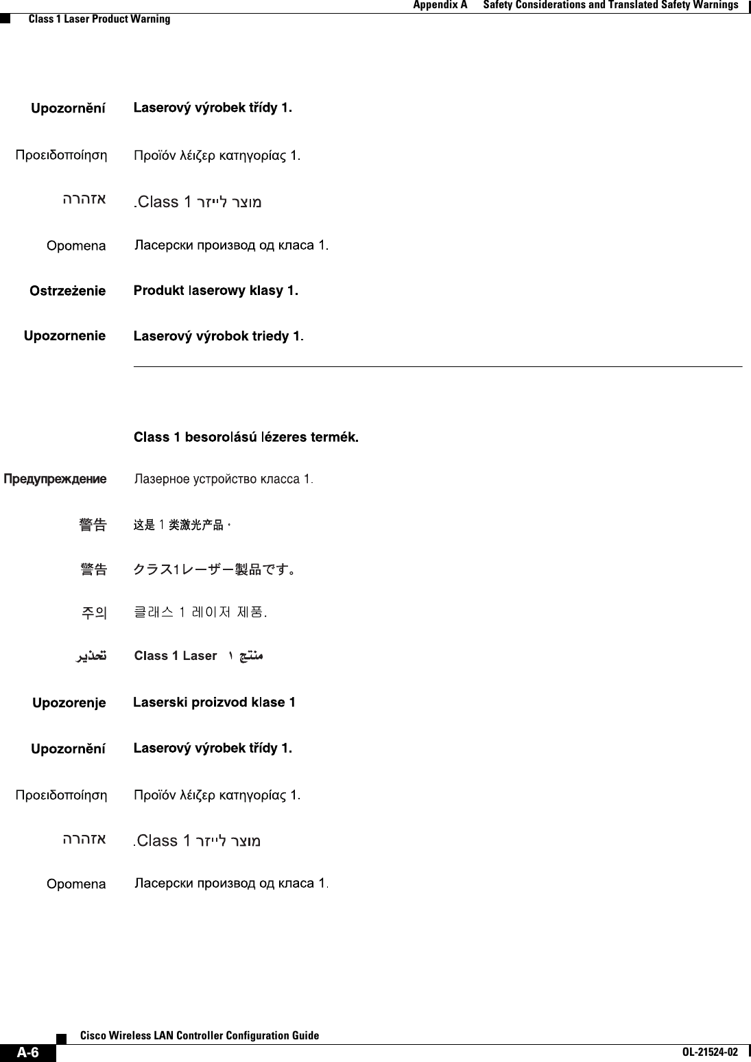  A-6Cisco Wireless LAN Controller Configuration GuideOL-21524-02Appendix A      Safety Considerations and Translated Safety Warnings  Class 1 Laser Product Warning