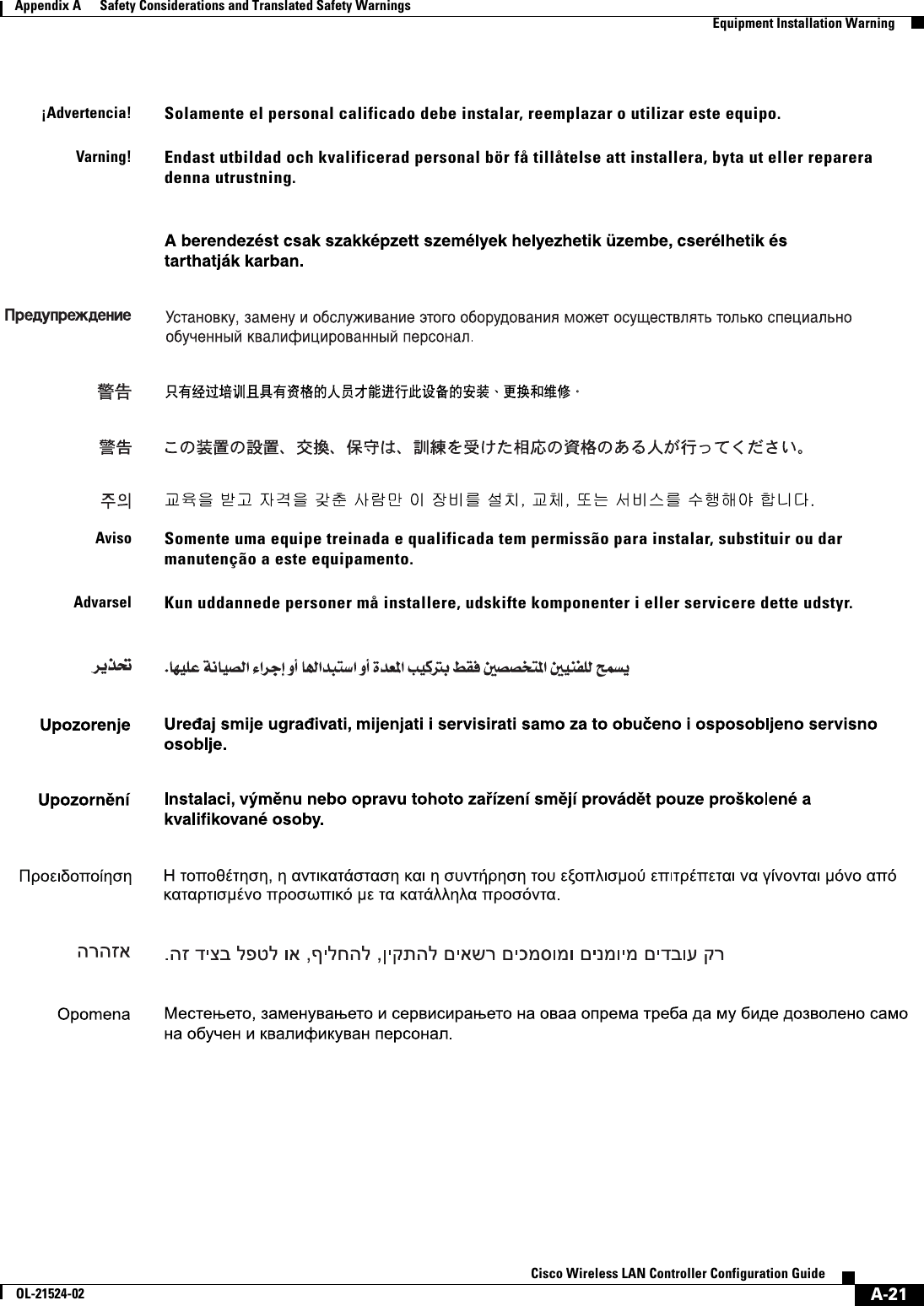  A-21Cisco Wireless LAN Controller Configuration GuideOL-21524-02Appendix A      Safety Considerations and Translated Safety Warnings  Equipment Installation Warning¡Advertencia!Solamente el personal calificado debe instalar, reemplazar o utilizar este equipo.Varning!Endast utbildad och kvalificerad personal bör få tillåtelse att installera, byta ut eller reparera denna utrustning.AvisoSomente uma equipe treinada e qualificada tem permissão para instalar, substituir ou dar manutenção a este equipamento.AdvarselKun uddannede personer må installere, udskifte komponenter i eller servicere dette udstyr. 