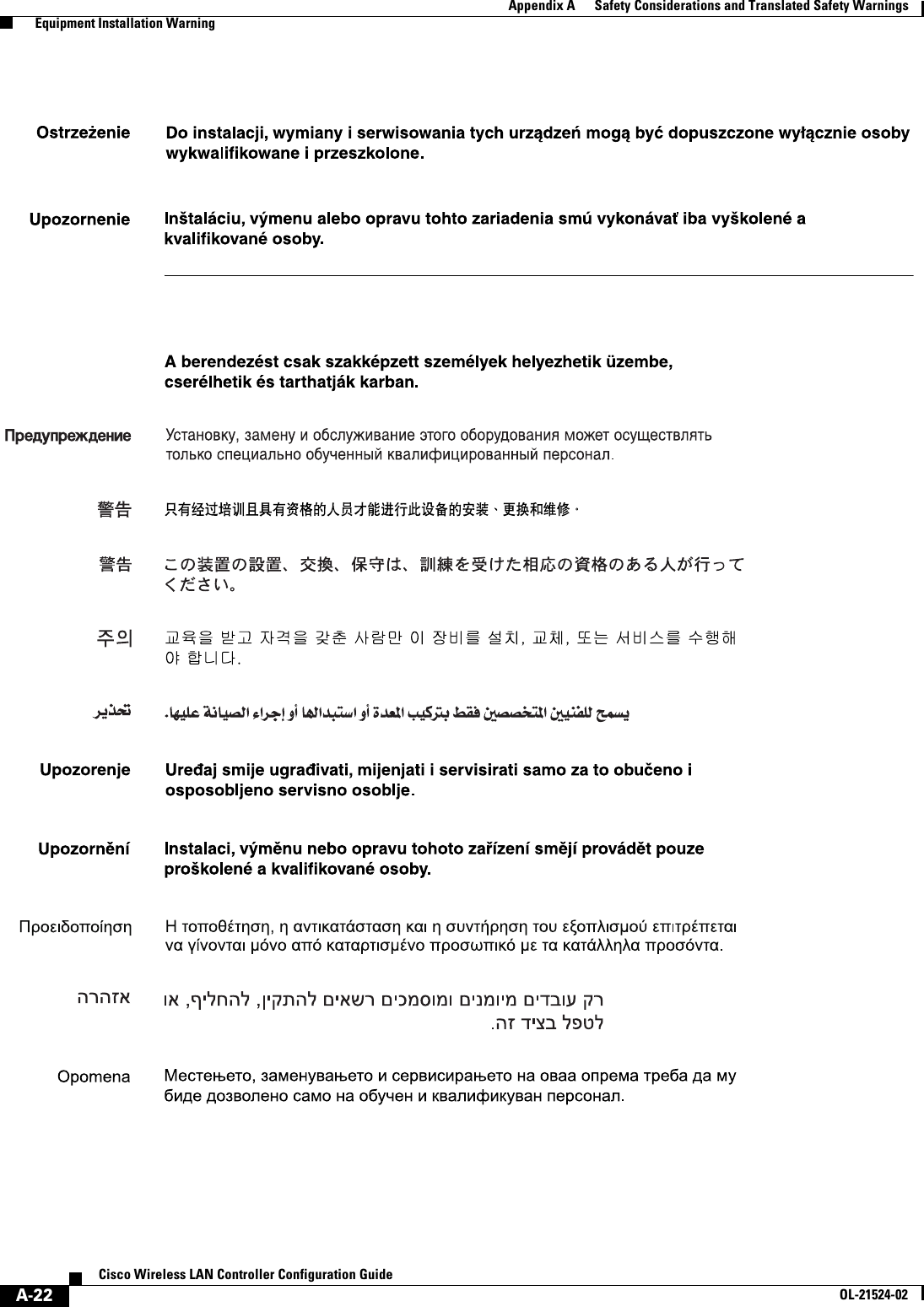  A-22Cisco Wireless LAN Controller Configuration GuideOL-21524-02Appendix A      Safety Considerations and Translated Safety Warnings  Equipment Installation Warning