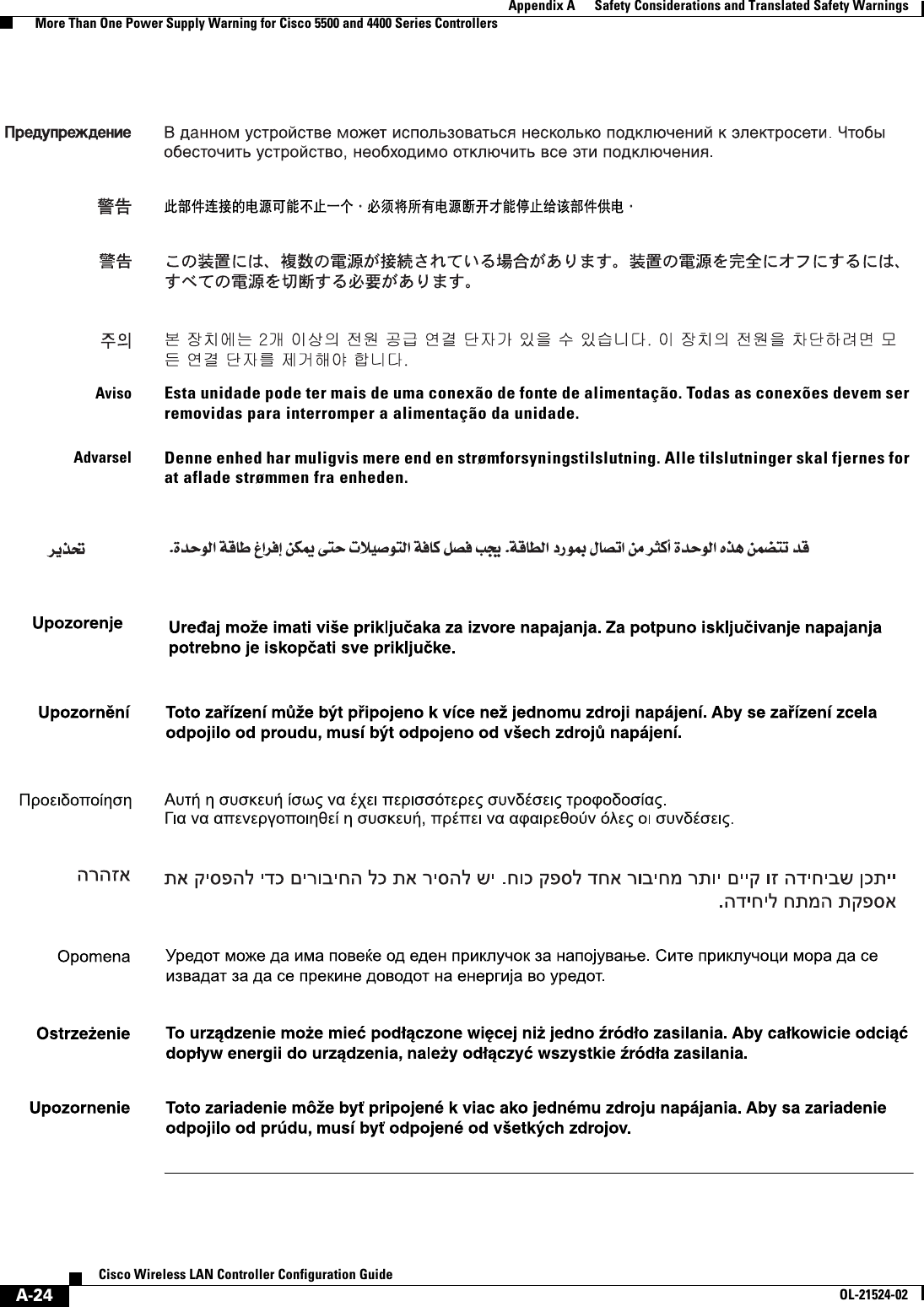  A-24Cisco Wireless LAN Controller Configuration GuideOL-21524-02Appendix A      Safety Considerations and Translated Safety Warnings  More Than One Power Supply Warning for Cisco 5500 and 4400 Series ControllersAvisoEsta unidade pode ter mais de uma conexão de fonte de alimentação. Todas as conexões devem ser removidas para interromper a alimentação da unidade.AdvarselDenne enhed har muligvis mere end en strømforsyningstilslutning. Alle tilslutninger skal fjernes for at aflade strømmen fra enheden.