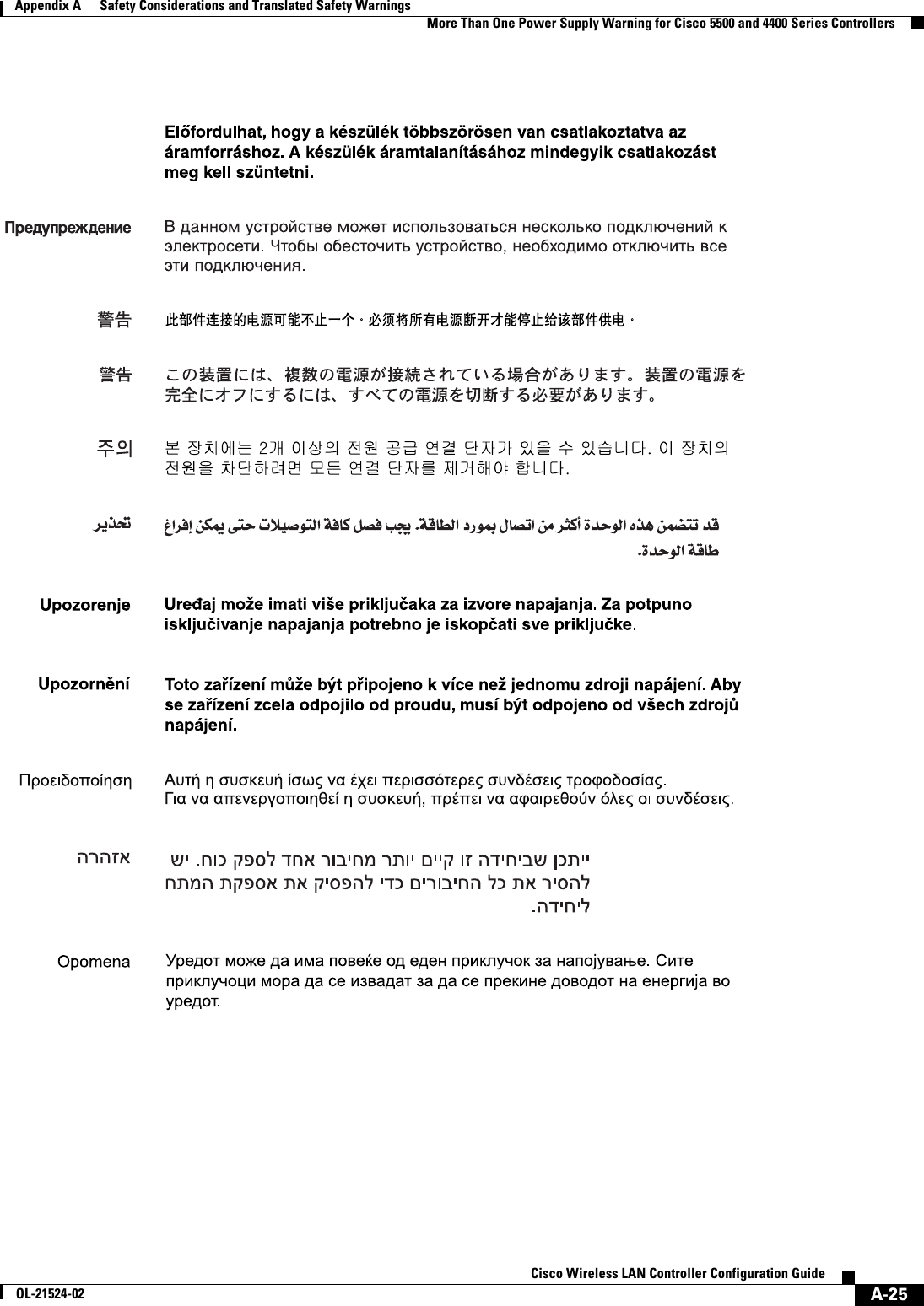  A-25Cisco Wireless LAN Controller Configuration GuideOL-21524-02Appendix A      Safety Considerations and Translated Safety Warnings  More Than One Power Supply Warning for Cisco 5500 and 4400 Series Controllers