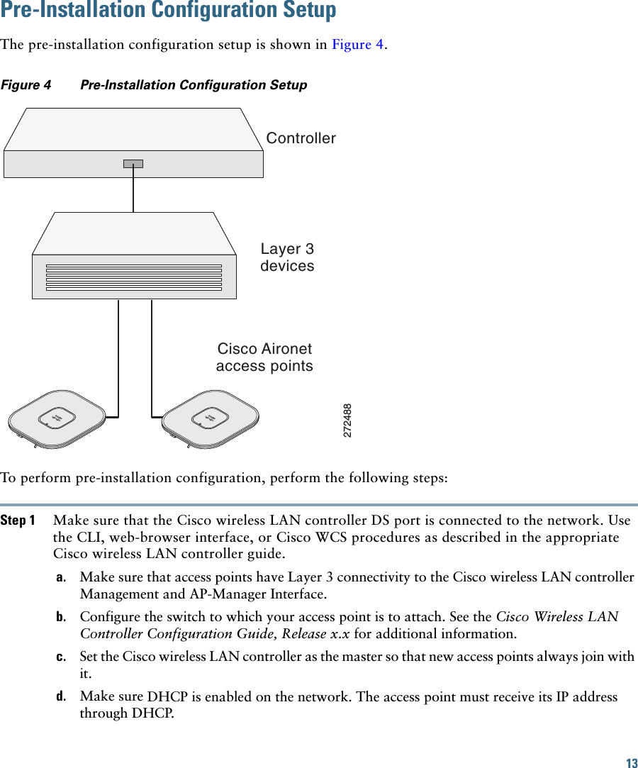 13 Pre-Installation Configuration SetupThe pre-installation configuration setup is shown in Figure 4.Figure 4 Pre-Installation Configuration Setup ControllerLayer 3devicesCisco Aironetaccess points272488To perform pre-installation configuration, perform the following steps:Step 1 Make sure that the Cisco wireless LAN controller DS port is connected to the network. Use the CLI, web-browser interface, or Cisco WCS procedures as described in the appropriate Cisco wireless LAN controller guide.a. Make sure that access points have Layer 3 connectivity to the Cisco wireless LAN controller Management and AP-Manager Interface.b. Configure the switch to which your access point is to attach. See the Cisco Wireless LAN Controller Configuration Guide, Release x.x for additional information.c. Set the Cisco wireless LAN controller as the master so that new access points always join with it.d. Make sure DHCP is enabled on the network. The access point must receive its IP address through DHCP.