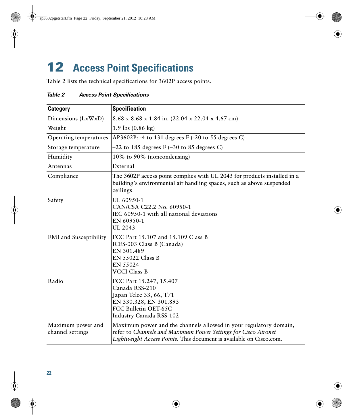 22 12  Access Point SpecificationsTable 2 lists the technical specifications for 3602P access points.Table 2 Access Point Specifications Category SpecificationDimensions (LxWxD) 8.68 x 8.68 x 1.84 in. (22.04 x 22.04 x 4.67 cm) Weight 1.9 lbs (0.86 kg)Operating temperatures AP3602P: -4 to 131 degrees F (-20 to 55 degrees C)Storage temperature –22 to 185 degrees F (–30 to 85 degrees C)Humidity 10% to 90% (noncondensing)Antennas ExternalCompliance The 3602P access point complies with UL 2043 for products installed in a building’s environmental air handling spaces, such as above suspended ceilings.Safety UL 60950-1CAN/CSA C22.2 No. 60950-1IEC 60950-1 with all national deviationsEN 60950-1UL 2043EMI and Susceptibility FCC Part 15.107 and 15.109 Class BICES-003 Class B (Canada)EN 301.489EN 55022 Class B EN 55024VCCI Class BRadio FCC Part 15.247, 15.407Canada RSS-210Japan Telec 33, 66, T71EN 330.328, EN 301.893FCC Bulletin OET-65CIndustry Canada RSS-102Maximum power and channel settingsMaximum power and the channels allowed in your regulatory domain, refer to Channels and Maximum Power Settings for Cisco Aironet Lightweight Access Points. This document is available on Cisco.com.ap3602pgetstart.fm  Page 22  Friday, September 21, 2012  10:28 AM