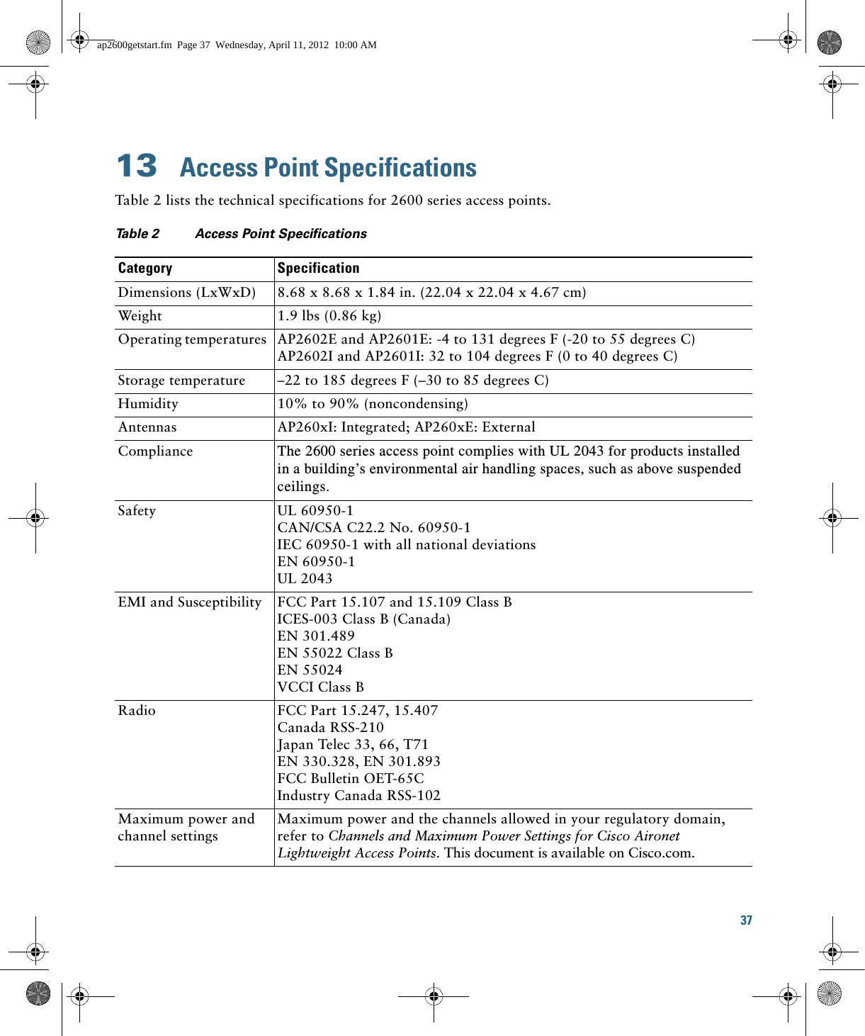 37 13  Access Point SpecificationsTable 2 lists the technical specifications for 2600 series access points.Ta b l e  2 Access Point Specifications  Category SpecificationDimensions (LxWxD) 8.68 x 8.68 x 1.84 in. (22.04 x 22.04 x 4.67 cm) Weight 1.9 lbs (0.86 kg)Operating temperatures AP2602E and AP2601E: -4 to 131 degrees F (-20 to 55 degrees C)AP2602I and AP2601I: 32 to 104 degrees F (0 to 40 degrees C)Storage temperature –22 to 185 degrees F (–30 to 85 degrees C)Humidity 10% to 90% (noncondensing)Antennas AP260xI: Integrated; AP260xE: ExternalCompliance The 2600 series access point complies with UL 2043 for products installed in a building’s environmental air handling spaces, such as above suspended ceilings.Safety UL 60950-1CAN/CSA C22.2 No. 60950-1IEC 60950-1 with all national deviationsEN 60950-1UL 2043EMI and Susceptibility FCC Part 15.107 and 15.109 Class BICES-003 Class B (Canada)EN 301.489EN 55022 Class B EN 55024VCCI Class BRadio FCC Part 15.247, 15.407Canada RSS-210Japan Telec 33, 66, T71EN 330.328, EN 301.893FCC Bulletin OET-65CIndustry Canada RSS-102Maximum power and channel settingsMaximum power and the channels allowed in your regulatory domain, refer to Channels and Maximum Power Settings for Cisco Aironet Lightweight Access Points. This document is available on Cisco.com.ap2600getstart.fm  Page 37  Wednesday, April 11, 2012  10:00 AM
