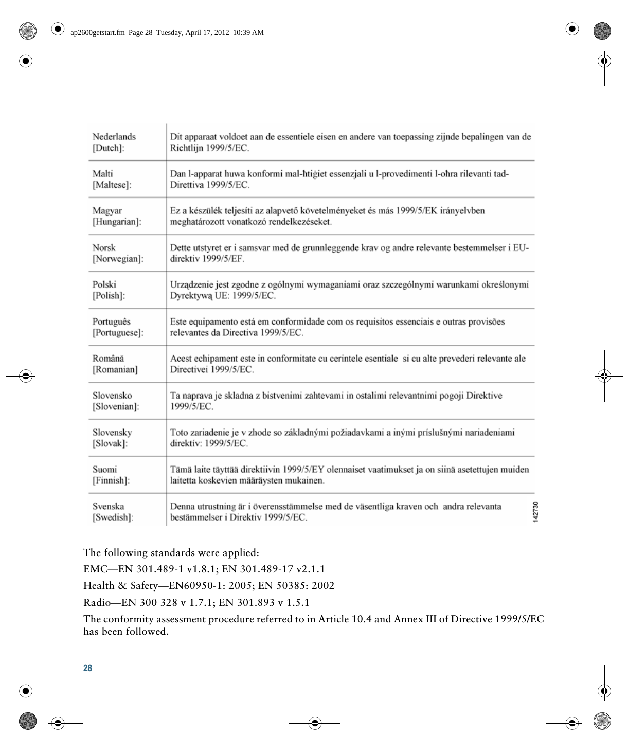 28 The following standards were applied:EMC—EN 301.489-1 v1.8.1; EN 301.489-17 v2.1.1Health &amp; Safety—EN60950-1: 2005; EN 50385: 2002Radio—EN 300 328 v 1.7.1; EN 301.893 v 1.5.1The conformity assessment procedure referred to in Article 10.4 and Annex III of Directive 1999/5/EC has been followed.ap2600getstart.fm  Page 28  Tuesday, April 17, 2012  10:39 AM