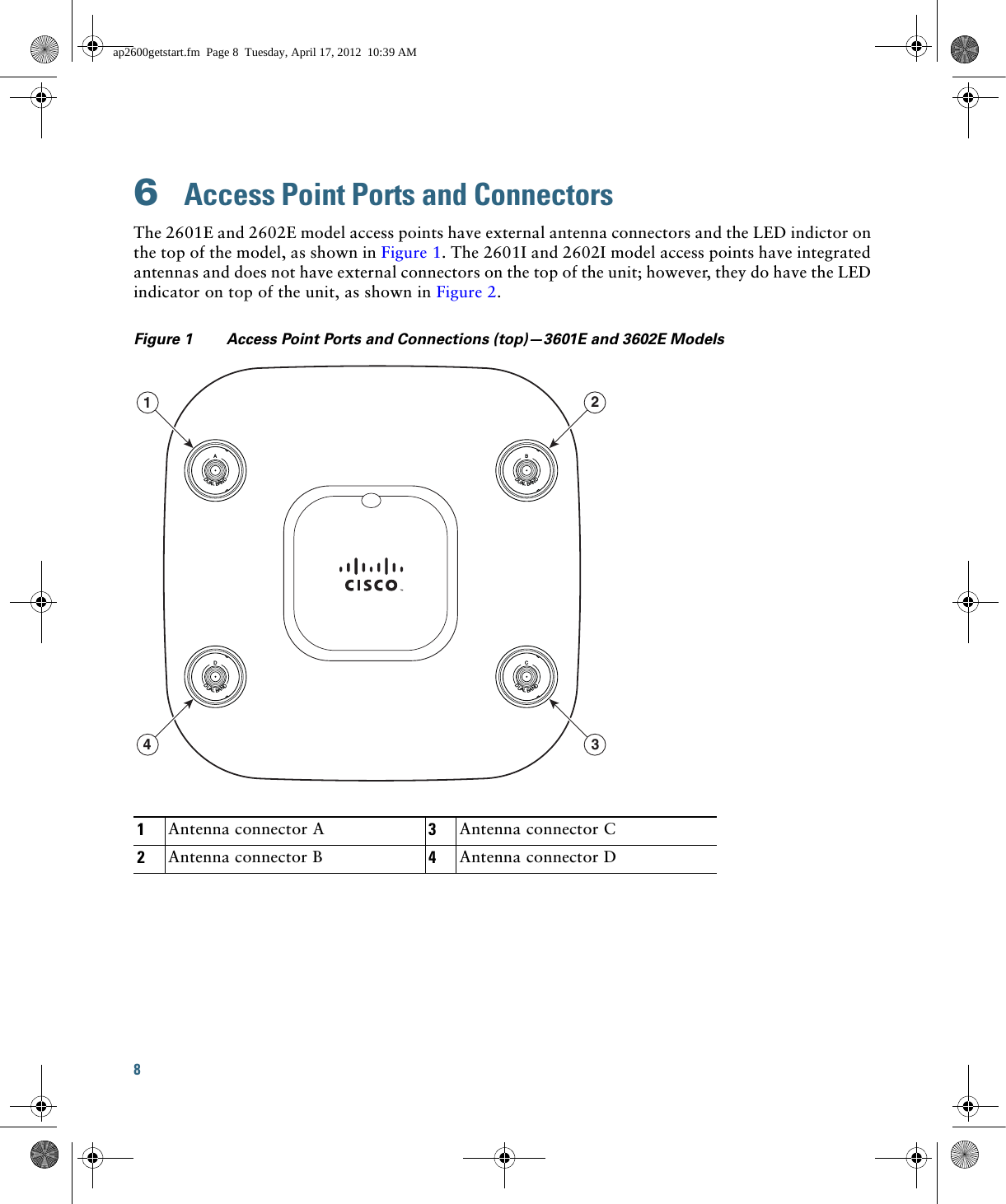 8 6  Access Point Ports and ConnectorsThe 2601E and 2602E model access points have external antenna connectors and the LED indictor on the top of the model, as shown in Figure 1. The 2601I and 2602I model access points have integrated antennas and does not have external connectors on the top of the unit; however, they do have the LED indicator on top of the unit, as shown in Figure 2.Figure 1 Access Point Ports and Connections (top)—3601E and 3602E Models1Antenna connector A  3Antenna connector C2Antenna connector B  4Antenna connector DADUALBANDBDUALBANDCDUALBANDDDUALBAND1423ap2600getstart.fm  Page 8  Tuesday, April 17, 2012  10:39 AM