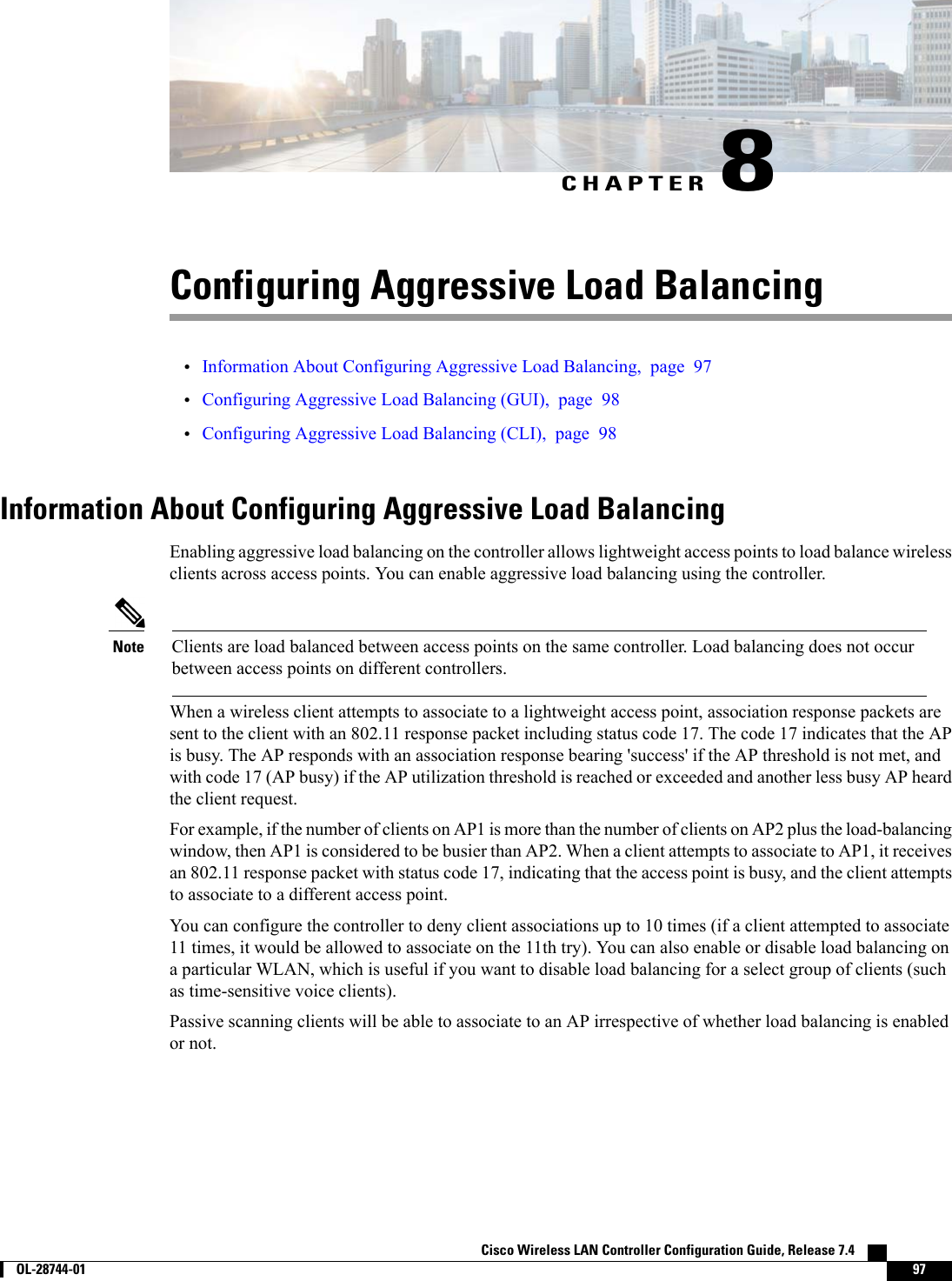CHAPTER 8Configuring Aggressive Load Balancing•Information About Configuring Aggressive Load Balancing, page 97•Configuring Aggressive Load Balancing (GUI), page 98•Configuring Aggressive Load Balancing (CLI), page 98Information About Configuring Aggressive Load BalancingEnabling aggressive load balancing on the controller allows lightweight access points to load balance wirelessclients across access points. You can enable aggressive load balancing using the controller.Clients are load balanced between access points on the same controller. Load balancing does not occurbetween access points on different controllers.NoteWhen a wireless client attempts to associate to a lightweight access point, association response packets aresent to the client with an 802.11 response packet including status code 17. The code 17 indicates that the APis busy. The AP responds with an association response bearing &apos;success&apos; if the AP threshold is not met, andwith code 17 (AP busy) if the AP utilization threshold is reached or exceeded and another less busy AP heardthe client request.For example, if the number of clients on AP1 is more than the number of clients on AP2 plus the load-balancingwindow, then AP1 is considered to be busier than AP2. When a client attempts to associate to AP1, it receivesan 802.11 response packet with status code 17, indicating that the access point is busy, and the client attemptsto associate to a different access point.You can configure the controller to deny client associations up to 10 times (if a client attempted to associate11 times, it would be allowed to associate on the 11th try). You can also enable or disable load balancing ona particular WLAN, which is useful if you want to disable load balancing for a select group of clients (suchas time-sensitive voice clients).Passive scanning clients will be able to associate to an AP irrespective of whether load balancing is enabledor not.Cisco Wireless LAN Controller Configuration Guide, Release 7.4        OL-28744-01 97