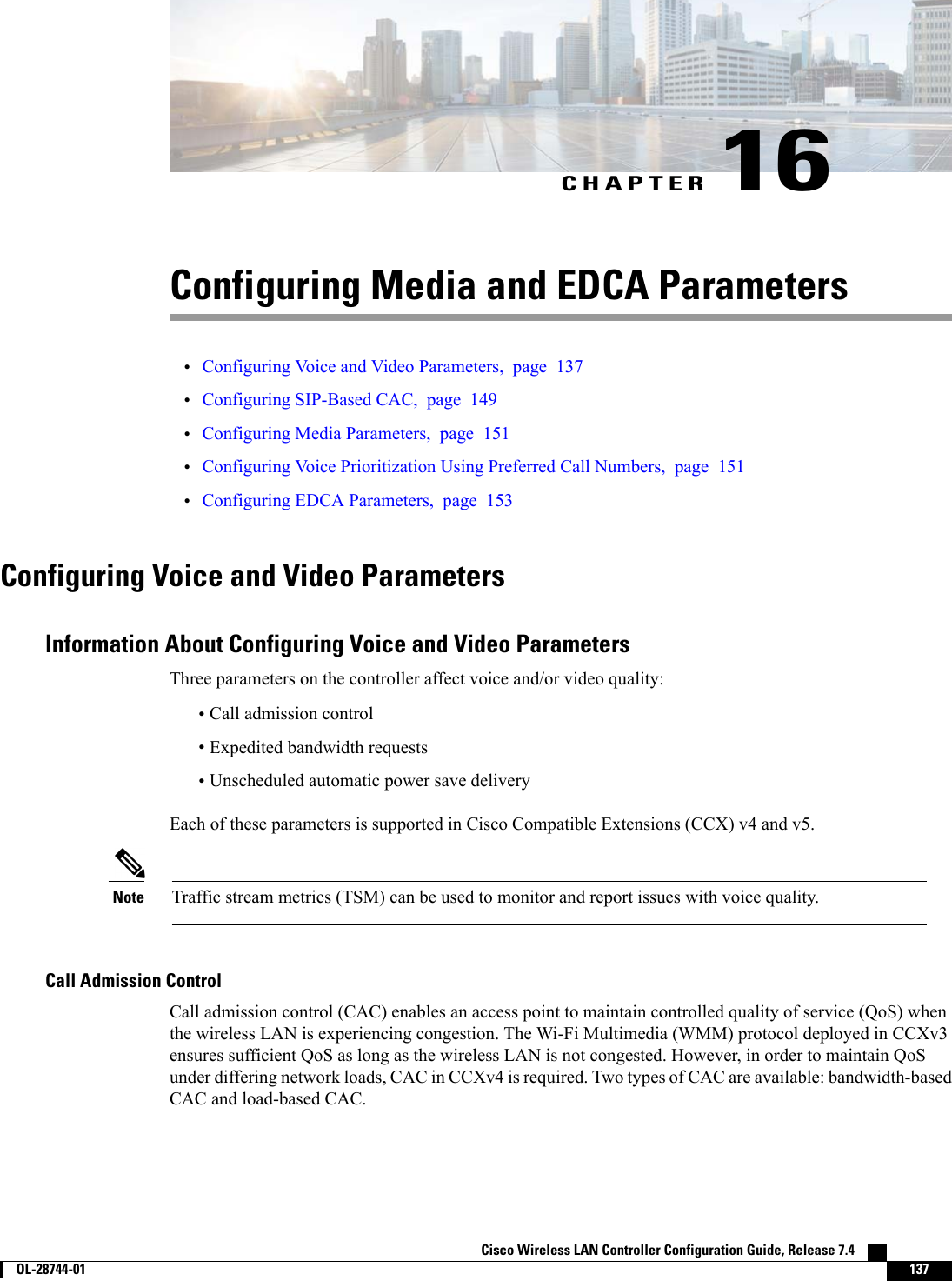 CHAPTER 16Configuring Media and EDCA Parameters•Configuring Voice and Video Parameters, page 137•Configuring SIP-Based CAC, page 149•Configuring Media Parameters, page 151•Configuring Voice Prioritization Using Preferred Call Numbers, page 151•Configuring EDCA Parameters, page 153Configuring Voice and Video ParametersInformation About Configuring Voice and Video ParametersThree parameters on the controller affect voice and/or video quality:•Call admission control•Expedited bandwidth requests•Unscheduled automatic power save deliveryEach of these parameters is supported in Cisco Compatible Extensions (CCX) v4 and v5.Traffic stream metrics (TSM) can be used to monitor and report issues with voice quality.NoteCall Admission ControlCall admission control (CAC) enables an access point to maintain controlled quality of service (QoS) whenthe wireless LAN is experiencing congestion. The Wi-Fi Multimedia (WMM) protocol deployed in CCXv3ensures sufficient QoS as long as the wireless LAN is not congested. However, in order to maintain QoSunder differing network loads, CAC in CCXv4 is required. Two types of CAC are available: bandwidth-basedCAC and load-based CAC.Cisco Wireless LAN Controller Configuration Guide, Release 7.4        OL-28744-01 137