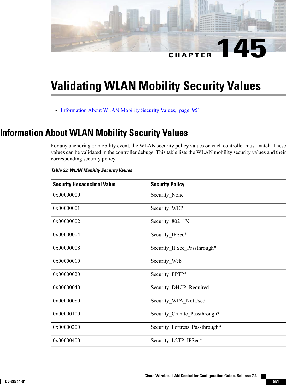 CHAPTER 145Validating WLAN Mobility Security Values•Information About WLAN Mobility Security Values, page 951Information About WLAN Mobility Security ValuesFor any anchoring or mobility event, the WLAN security policy values on each controller must match. Thesevalues can be validated in the controller debugs. This table lists the WLAN mobility security values and theircorresponding security policy.Table 29: WLAN Mobility Security ValuesSecurity PolicySecurity Hexadecimal ValueSecurity_None0x00000000Security_WEP0x00000001Security_802_1X0x00000002Security_IPSec*0x00000004Security_IPSec_Passthrough*0x00000008Security_Web0x00000010Security_PPTP*0x00000020Security_DHCP_Required0x00000040Security_WPA_NotUsed0x00000080Security_Cranite_Passthrough*0x00000100Security_Fortress_Passthrough*0x00000200Security_L2TP_IPSec*0x00000400Cisco Wireless LAN Controller Configuration Guide, Release 7.4        OL-28744-01 951