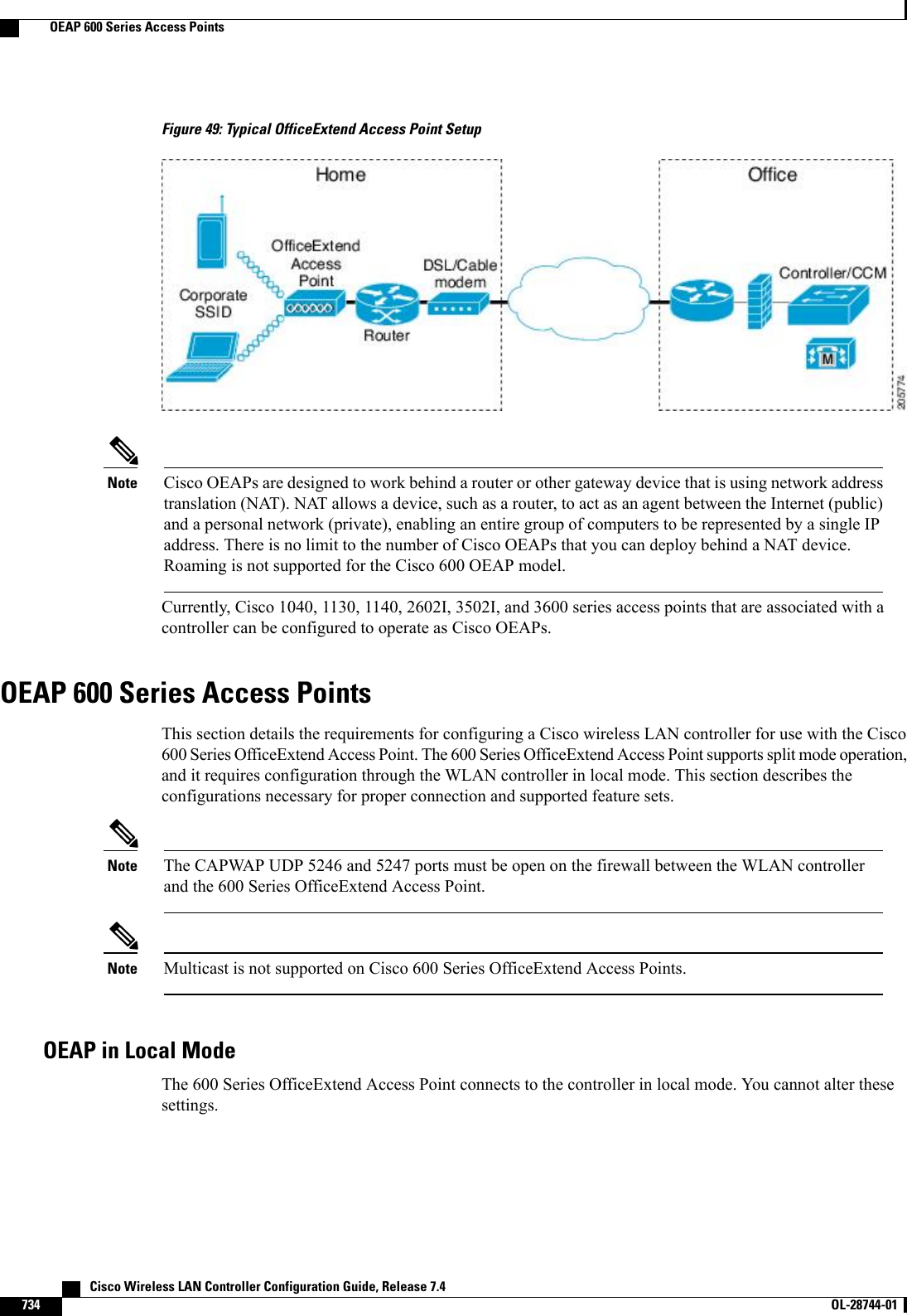 Figure 49: Typical OfficeExtend Access Point SetupCisco OEAPs are designed to work behind a router or other gateway device that is using network addresstranslation (NAT). NAT allows a device, such as a router, to act as an agent between the Internet (public)and a personal network (private), enabling an entire group of computers to be represented by a single IPaddress. There is no limit to the number of Cisco OEAPs that you can deploy behind a NAT device.Roaming is not supported for the Cisco 600 OEAP model.NoteCurrently, Cisco 1040, 1130, 1140, 2602I, 3502I, and 3600 series access points that are associated with acontroller can be configured to operate as Cisco OEAPs.OEAP 600 Series Access PointsThis section details the requirements for configuring a Cisco wireless LAN controller for use with the Cisco600 Series OfficeExtend Access Point. The 600 Series OfficeExtend Access Point supports split mode operation,and it requires configuration through the WLAN controller in local mode. This section describes theconfigurations necessary for proper connection and supported feature sets.The CAPWAP UDP 5246 and 5247 ports must be open on the firewall between the WLAN controllerand the 600 Series OfficeExtend Access Point.NoteMulticast is not supported on Cisco 600 Series OfficeExtend Access Points.NoteOEAP in Local ModeThe 600 Series OfficeExtend Access Point connects to the controller in local mode. You cannot alter thesesettings.   Cisco Wireless LAN Controller Configuration Guide, Release 7.4734 OL-28744-01  OEAP 600 Series Access Points