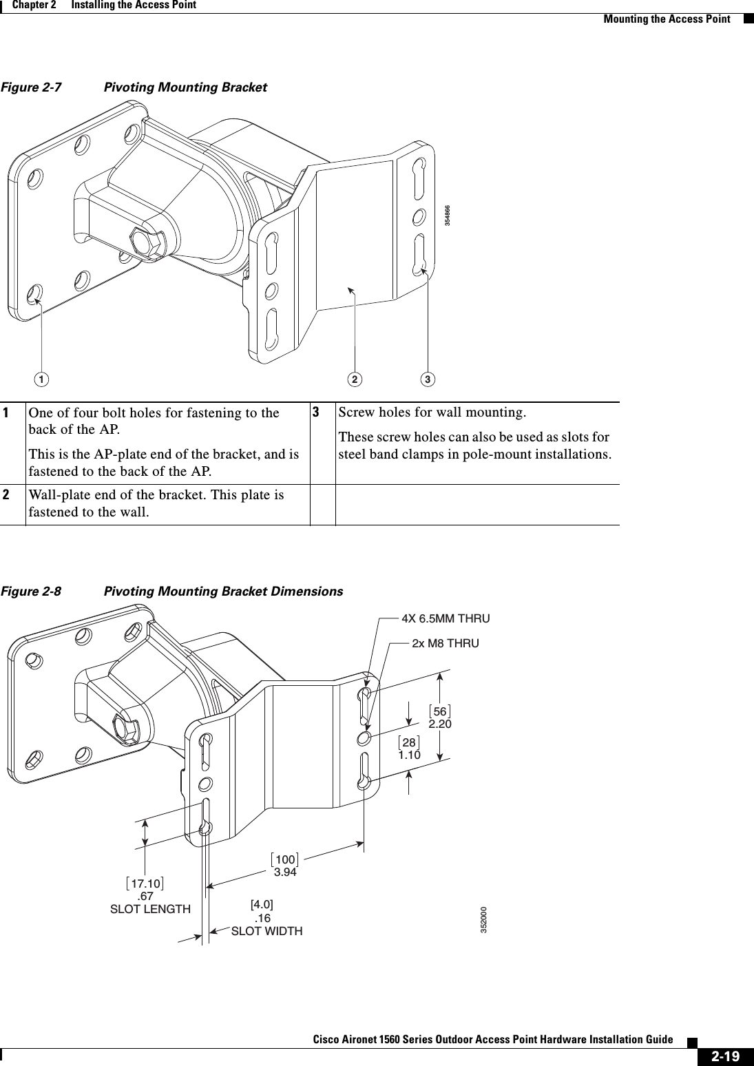 2-19Cisco Aironet 1560 Series Outdoor Access Point Hardware Installation Guide Chapter 2      Installing the Access PointMounting the Access PointFigure 2-7 Pivoting Mounting Bracket   Figure 2-8 Pivoting Mounting Bracket Dimensions  1One of four bolt holes for fastening to the back of the AP. This is the AP-plate end of the bracket, and is fastened to the back of the AP.3Screw holes for wall mounting.These screw holes can also be used as slots for steel band clamps in pole-mount installations.2Wall-plate end of the bracket. This plate is fastened to the wall.3548662133520001003.94281.10562.20 2x M8 THRU  4X 6.5MM THRU 17.10.67SLOT LENGTH [4.0].16SLOT WIDTH