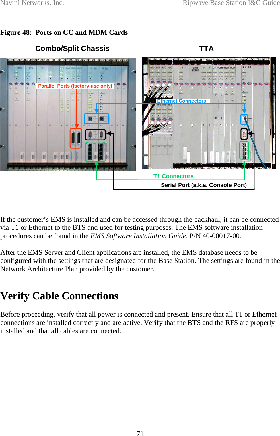 Navini Networks, Inc.  Ripwave Base Station I&amp;C Guide  71  Figure 48:  Ports on CC and MDM Cards    If the customer’s EMS is installed and can be accessed through the backhaul, it can be connected via T1 or Ethernet to the BTS and used for testing purposes. The EMS software installation procedures can be found in the EMS Software Installation Guide, P/N 40-00017-00.  After the EMS Server and Client applications are installed, the EMS database needs to be configured with the settings that are designated for the Base Station. The settings are found in the Network Architecture Plan provided by the customer.    Verify Cable Connections  Before proceeding, verify that all power is connected and present. Ensure that all T1 or Ethernet connections are installed correctly and are active. Verify that the BTS and the RFS are properly installed and that all cables are connected.  Combo/Split Chassis TTASerial Port (a.k.a. Console Port)T1 ConnectorsEthernet ConnectorsParallel Ports (factory use only)Combo/Split Chassis TTASerial Port (a.k.a. Console Port)T1 ConnectorsEthernet ConnectorsEthernet ConnectorsParallel Ports (factory use only)Parallel Ports (factory use only)