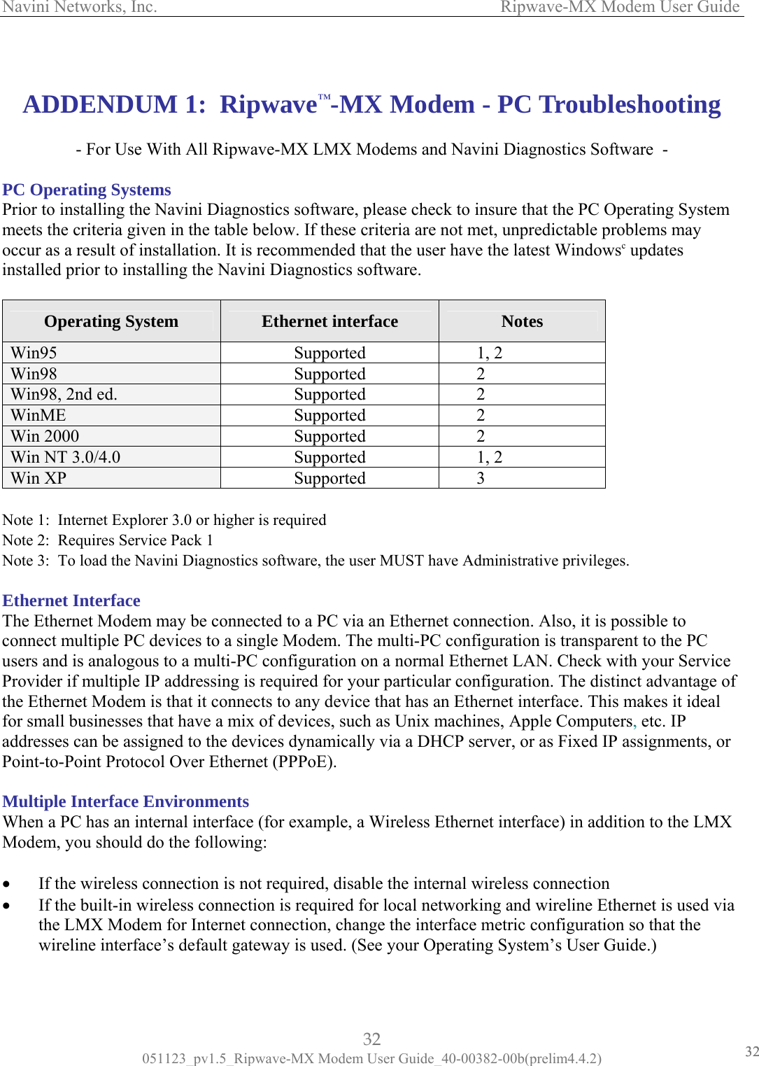 Navini Networks, Inc.                   Ripwave-MX Modem User Guide   ADDENDUM 1:  R Troubleshooting - For Use With AllC Operating Systems rior to installing the Navini  System eets the criteria given in the tab ay ccur as a result of installation. It  stalled prior to installing the Naipwave™-MX Modem - PC   Ripwave-MX LMX Modems and Navini Diagnostics Software  -  PP Diagnostics software, please check to insure that the PC Operating le below. If these criteria are not met, unpredictable problems m is recommended that the user have the latest Windowsmoc updatesvini Diagnostics software. in Operating System  Ethernet interface  Notes Win95  Supported 1, 2 Win98  Supported 2 Win98, 2nd ed.  Supported 2 WinME  Supported 2 Win 2000  Supported 2 Win NT 3.0/4.0  Supported 1, 2 Win XP  Supported 3  Note 1:  Internet Explorer 3.0 orote 2:  Requires Service Pack 1 ote 3:  To load the Navini Diagnos ileges. thernet Interface he Ethernet Modem may be con  onnect multiple PC devices to a  PC sers and is analogous to a multi- thernet LAN. Check with your Service rovider if multiple IP addressing is required for your particular configuration. The distinct advantage of e Ethernet Modem is that it s it ideal r small businesses that have a m  ddresses can be assigned to the d ents, or oint-to-Point Protocol Over Eth E). ultiple Interface Environmhen a PC has an internal in  LMX odem, you should do the fo If the wireless connectio If the built-in wireless connection is required for local networking and wireline Ethernet is used via the LMX Modem for Int hat the wireline interface’s defa  higher is required tics software, the user MUST have Administrative privNN ET nected to a PC via an Ethernet connection. Also, it is possible tosingle Modem. The multi-PC configuration is transparent to the PC configuration on a normal EcuPth  connects to any device that has an Ethernet interface. This makeix of devices, such as Unix machines, Apple Computers, etc. IPevices dynamically via a DHCP server, or as Fixed IP assignmernet (PPPofoaP M ents terface (for example, a Wireless Ethernet interface) in addition to thellowing: n is not required, disable the internal wireless connection  WM ••ernet connection, change the interface metric configuration so tult gateway is used. (See your Operating System’s User Guide.) 32 051123_pv1.5_Ripwave-MX Modem User Guide_40-00382-00b(prelim4.4.2) 3232