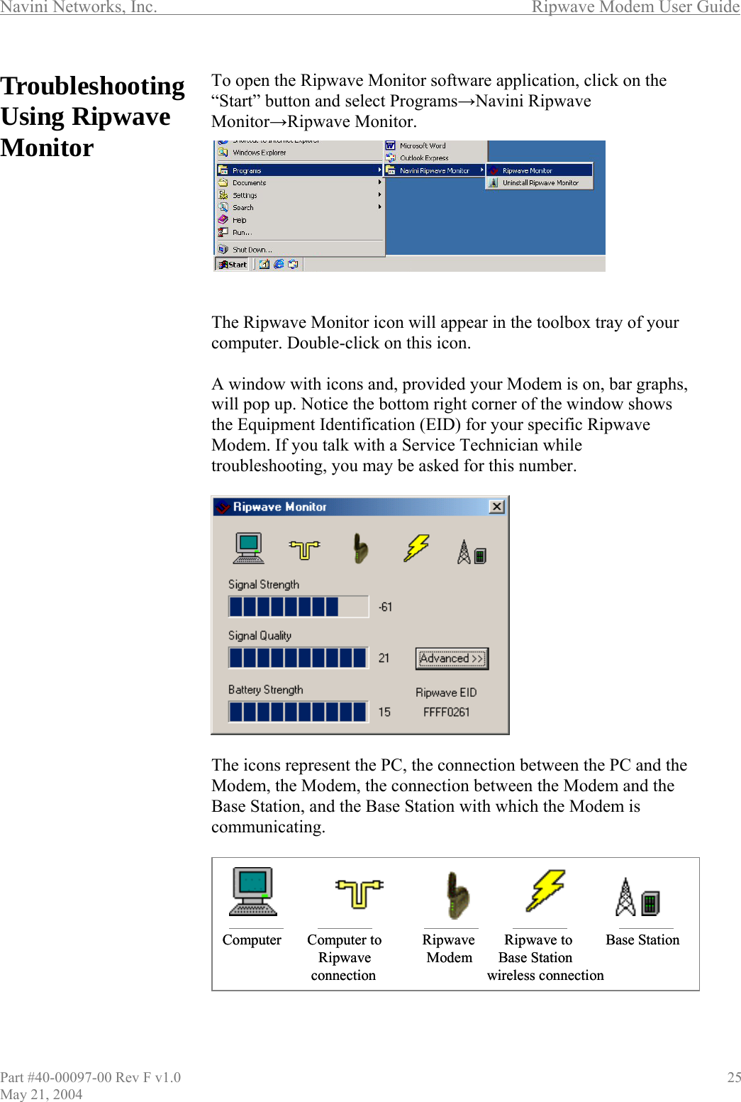 Navini Networks, Inc.        Ripwave Modem User Guide TroubleshootingUsing Ripwave Monitor                                           o open the Ripwave Monitor software application, click on the Start” button and select Programs→Navini Ripwave onitor→Ripwave Monitor.    appear in the toolbox tray of your omputer. Double-click on this icon.   rner of the window shows e Equipment Identification (EID) for your specific Ripwave  e PC and the dem and the ase Station, and the Base Station with which the Modem is ommunicating.  T“M  The Ripwave Monitor icon willc A window with icons and, provided your Modem is on, bar graphs,will pop up. Notice the bottom right cothModem. If you talk with a Service Technician while troubleshooting, you may be asked for this number.  The icons represent the PC, the connection between thModem, the Modem, the connection between the MoBc  Computer       Computer to           Ripwave        Ripwave to   Base StationRipwave               Modem       Base Stationconnection                              wireless connection Computer       Computer to           Ripwave        Ripwave to   Base StationRipwave               Modem       Base Stationconnection                              wireless connection Part #40-00097-00 Rev F v1.0                                          25 May 21, 2004 