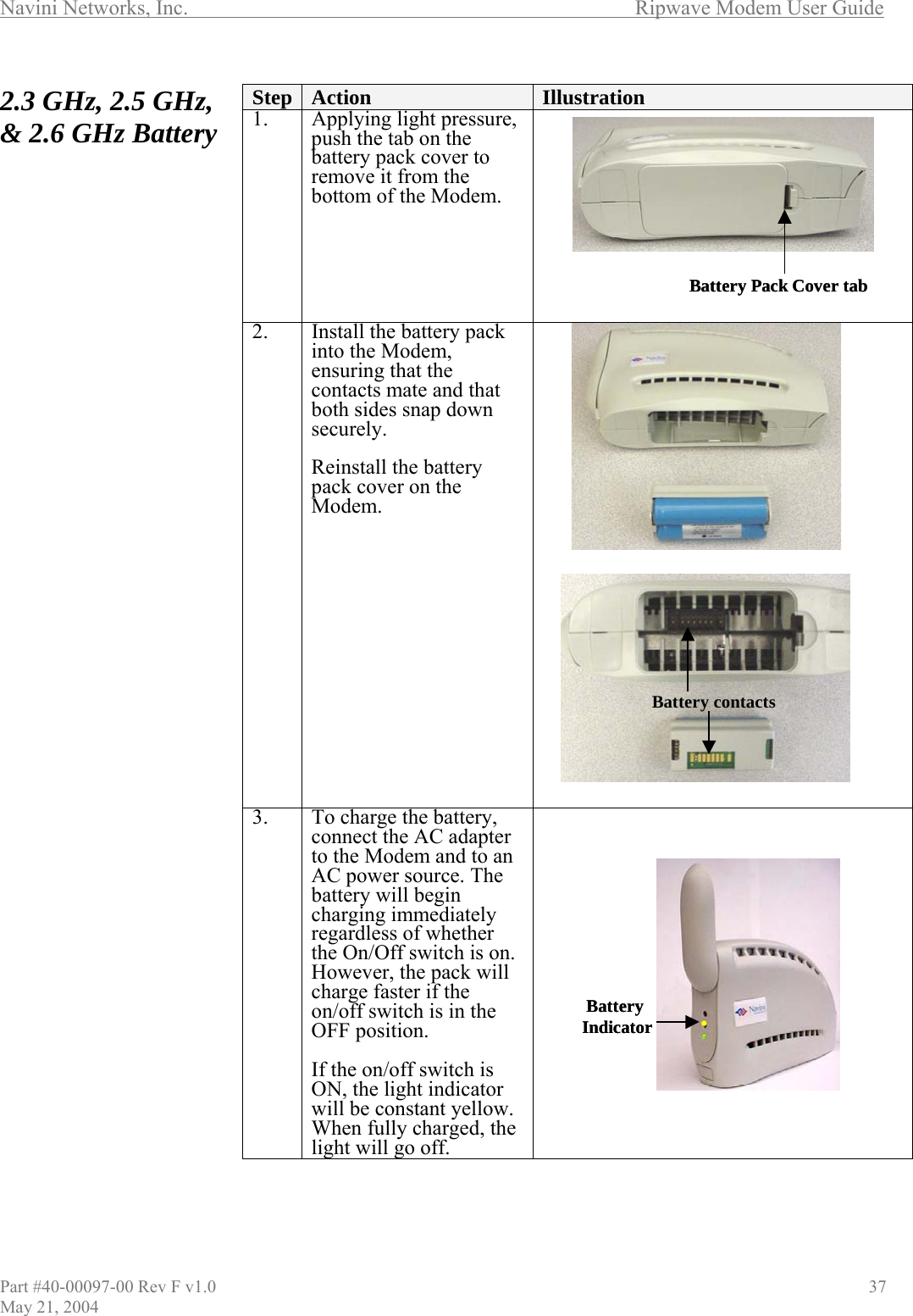 Navini Networks, Inc.        Ripwave Modem User Guide Part #40-00097-00 Rev F v1.0   y 21, 2004                                       37 Ma.3 GHz, 2.5 GHz,  2.6 GHz Battery 2&amp;                                            Step  Action  Illustration 1.  Applying light pressure,  tab on the .  push thebattery pack cover to remove it from the bottom of the Modem2.  Install the battery pack into the Modem, ensuring that the  contacts mate and that both sides snap down securely.  Reinstall the battery pack cover on the Modem.  3.   an e immediately   the on/off switch is ON, the light indicator will be constant yellow. en fully charged, the light will go off.  To charge the battery, connect the AC adapterto the Modem and toAC power source. Thbattery will begin harging cregardless of whether the On/Off switch is on.However, the pack will charge faster if the on/off switch is in the OFF position.  IfWhBattery  Indicator .BatteryIndicator .Battery Pack Cover tabBattery Pack Cover tabBattery contactsBattery contacts