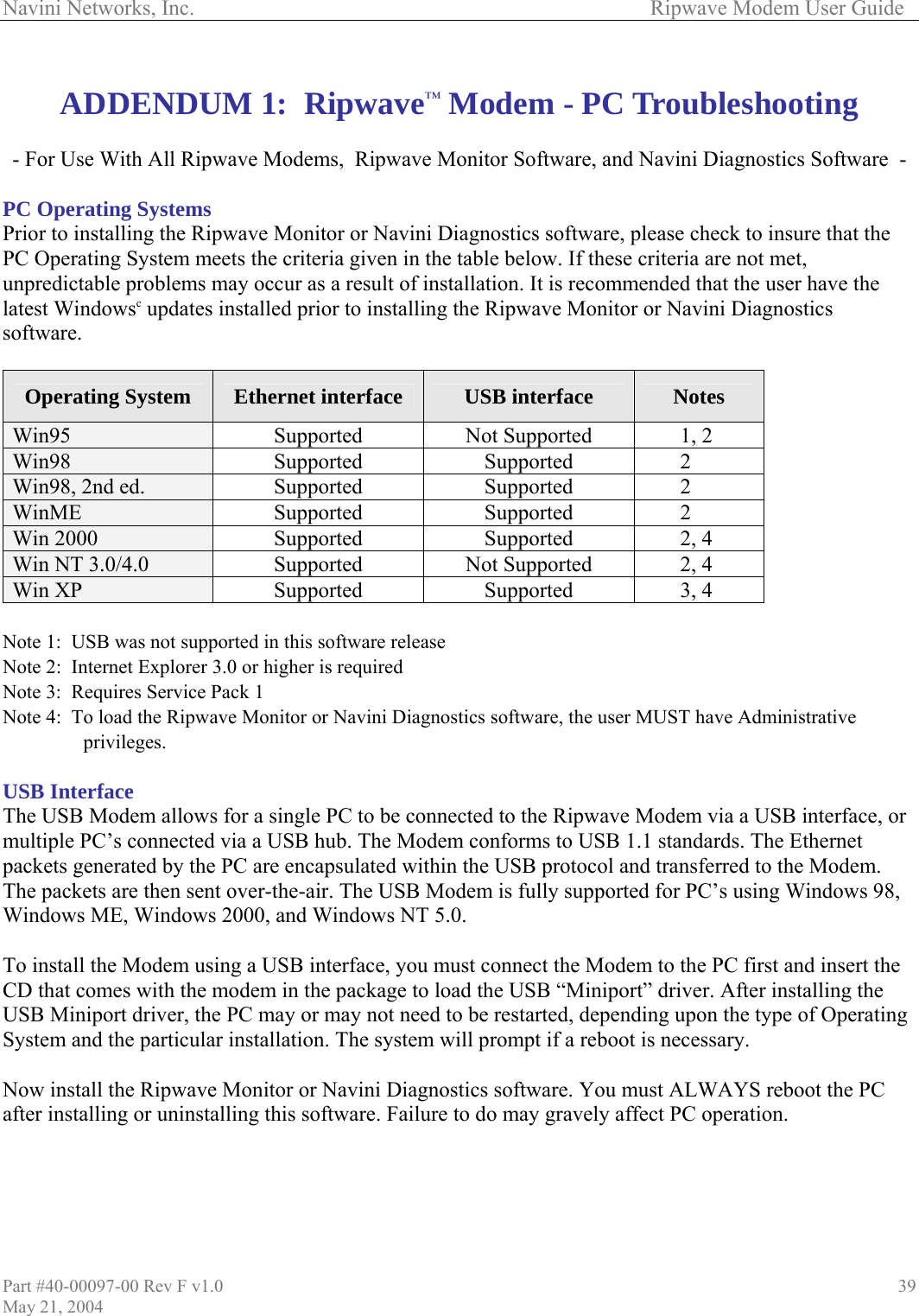 Navini Networks, Inc.        Ripwave Modem User Guide  ADDENDUM  ooting - For Use With All Ripwave ware  - C Operating Systems rior to installing the Ripwav hat the C Operating System meets tnpredictable problems may o cu ave the test Windowsc updates instaftware. 1:  Ripwave™ Modem - PC Troublesh  Modems,  Ripwave Monitor Software, and Navini Diagnostics Soft PP e Monitor or Navini Diagnostics software, please check to insure the criteria given in the table below. If these criteria are not met, r as a result of installation. It is recommended that the user hPu cllla ed prior to installing the Ripwave Monitor or Navini Diagnostics so Operating System  Ethernet interface  USB interface  Notes Win95  Supported  Not Supported  1, 2 Win98  Supported Supported 2 Win98, 2nd ed.  Supported Supported 2 WinME  Supported Supported 2 Win 2000  Supported Supported 2, 4 Win NT 3.0/4.0  Supported  Not Supported  2, 4 Win XP  Supported Supported 3, 4  Note 1:  USB was not supported in tote 2:  Internet Explorer 3.0 or higote 3:  Requires Service Pack 1 ote 4:  To load the Ripwave M e privileges. SB Interface he USB Modem allows for a single PC to be connected to the Ripwave Modem via a USB interface, or ultiple PC’s connected via a USB hub. The Modem conforms to USB 1.1 standards. The Ethernet  PC a e encapsulated within the USB protocol and transferred to the Modem. t ove ows 98, , Windows 2000o install the Modem using a insert the D that comes with the mode g the SB Miniport driver, the PC  e type of Operating ystem and the particular installation. The system will prompt if a reboot is necessary.  ow install the Ripwave Mon the PC fter installing or uninstalling n.  his software release her is required NNN onitor or Navini Diagnostics software, the user MUST have Administrativ UTmpackets generated by theThe packets are then senWindows MErr-the-air. The USB Modem is fully supported for PC’s using Wind, and Windows NT 5.0.  USB interface, you must connect the Modem to the PC first and m in the package to load the USB “Miniport” driver. After installinmay or may not need to be restarted, depending upon th TCUS N itor or Navini Diagnostics software. You must ALWAYS reboot  this software. Failure to do may gravely affect PC operatioa   Part #40-00097-00 Rev F v1.0 May 21, 2004 39
