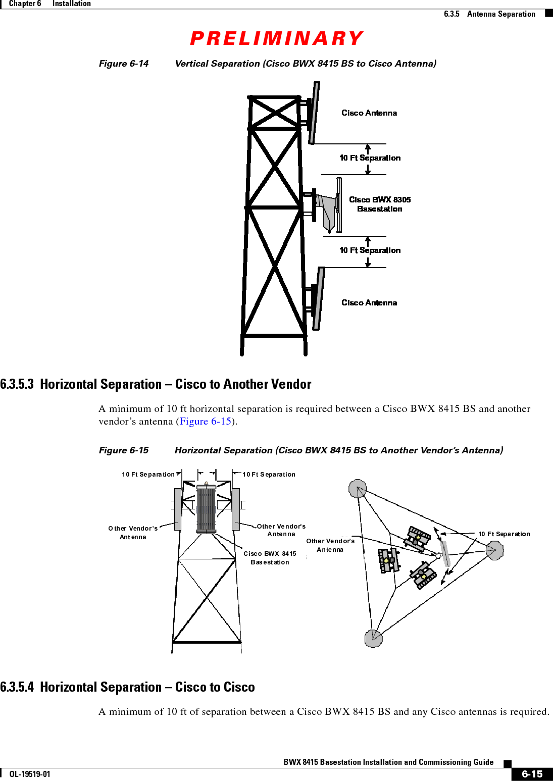 PRELIMINARY6-15BWX 8415 Basestation Installation and Commissioning GuideOL-19519-01Chapter 6      Installation6.3.5    Antenna SeparationFigure 6-14 Vertical Separation (Cisco BWX 8415 BS to Cisco Antenna)6.3.5.3  Horizontal Separation – Cisco to Another VendorA minimum of 10 ft horizontal separation is required between a Cisco BWX 8415 BS and another vendor’s antenna (Figure 6-15).Figure 6-15 Horizontal Separation (Cisco BWX 8415 BS to Another Vendor’s Antenna)6.3.5.4  Horizontal Separation – Cisco to CiscoA minimum of 10 ft of separation between a Cisco BWX 8415 BS and any Cisco antennas is required. 10 Ft Separation10 Ft Separation10 Ft Separation10 Ft Separation10 Ft Separation10 Ft Separation10 Ft Separation10 Ft Separation10 Ft Separation10 Ft Separation10 Ft Separation10 Ft Separation10 Ft Separation10 Ft Separation10 Ft Separation10 Ft Separation10 Ft Separation10 Ft Separation10 Ft Separation10 Ft Separation10 Ft Separation10 Ft Separation10 Ft Separation10 Ft SeparationCisco BWX 8305BasestationBasestationBasestationBasestationBasestationBasestationBasestationBasestationBasestationBasestationBasestationBasestationCisco Antenna10 Ft Separation10 Ft Separation10 Ft Separation10 Ft Separation10 Ft Separation10 Ft Separation10 Ft Separation10 Ft Separation10 Ft Separation10 Ft Separation10 Ft Separation10 Ft Separation10 Ft Separation10 Ft Separation10 Ft Separation10 Ft Separation10 Ft Separation10 Ft Separation10 Ft Separation10 Ft Separation10 Ft Separation10 Ft Separation10 Ft Separation10 Ft SeparationCisco BWX 8305BasestationBasestationBasestationBasestationBasestationBasestationBasestationBasestationBasestationBasestationBasestationBasestationCisco AntennaCisco Antenna10 Ft Separation10 Ft Separation10 Ft Separation10 Ft Separation10 Ft Separation10 Ft Separation10 Ft Separation10 Ft Separation10 Ft Separation10 Ft Separation10 Ft Separation10 Ft Separation10 Ft Separation10 Ft Separation10 Ft Separation10 Ft Separation10 Ft Separation10 Ft Separation10 Ft Separation10 Ft Separation10 Ft Separation10 Ft Separation10 Ft Separation10 Ft Separation10 Ft Separation10 Ft Separation10 Ft Separation10 Ft Separation10 Ft Separation10 Ft Separation10 Ft Separation10 Ft Separation10 Ft Separation10 Ft Separation10 Ft Separation10 Ft Separation10 Ft Separation10 Ft Separation10 Ft Separation10 Ft Separation10 Ft Separation10 Ft Separation10 Ft Separation10 Ft Separation10 Ft Separation10 Ft Separation10 Ft Separation10 Ft SeparationCisco BWX 8305BasestationBasestationBasestationBasestationBasestationBasestationBasestationBasestationBasestationBasestationBasestationBasestationCisco BWX 8305BasestationBasestationBasestationBasestationBasestationBasestationBasestationBasestationBasestationBasestationBasestationBasestationCisco Antenna10 Ft Separation10 Ft Separation10 Ft Separation10 Ft Separation10 Ft Separation10 Ft Separation10 Ft Separation10 Ft Separation10 Ft Separation10 Ft Separation10 Ft Separation10 Ft Separation10 Ft Separation10 Ft Separation10 Ft Separation10 Ft Separation10 Ft Separation10 Ft Separation10 Ft Separation10 Ft Separation10 Ft Separation10 Ft Separation10 Ft Separation10 Ft SeparationCisco BWX 8305BasestationBasestationBasestationBasestationBasestationBasestationBasestationBasestationBasestationBasestationBasestationBasestationCisco Antenna10 Ft Separation10 Ft Separation10 Ft Separation10 Ft Separation10 Ft Separation10 Ft Separation10 Ft Separation10 Ft Separation10 Ft Separation10 Ft Separation10 Ft Separation10 Ft Separation10 Ft Separation10 Ft Separation10 Ft Separation10 Ft Separation10 Ft Separation10 Ft Separation10 Ft Separation10 Ft Separation10 Ft Separation10 Ft Separation10 Ft Separation10 Ft SeparationCisco BWX 8305BasestationBasestationBasestationBasestationBasestationBasestationBasestationBasestationBasestationBasestationBasestationBasestationCisco Antenna10 Ft Separation10 Ft Separation10 Ft Separation10 Ft Separation10 Ft Separation10 Ft Separation10 Ft Separation10 Ft Separation10 Ft Separation10 Ft Separation10 Ft Separation10 Ft Separation10 Ft Separation10 Ft Separation10 Ft Separation10 Ft Separation10 Ft Separation10 Ft Separation10 Ft Separation10 Ft Separation10 Ft Separation10 Ft Separation10 Ft Separation10 Ft SeparationCisco BWX 8305BasestationBasestationBasestationBasestationBasestationBasestationBasestationBasestationBasestationBasestationBasestationBasestationCisco Antenna10 Ft Separation10 Ft Separation10 Ft Separation10 Ft Separation10 Ft Separation10 Ft Separation10 Ft Separation10 Ft Separation10 Ft Separation10 Ft Separation10 Ft Separation10 Ft Separation10 Ft Separation10 Ft Separation10 Ft Separation10 Ft Separation10 Ft Separation10 Ft Separation10 Ft Separation10 Ft Separation10 Ft Separation10 Ft Separation10 Ft Separation10 Ft SeparationCisco BWX 8305BasestationBasestationBasestationBasestationBasestationBasestationBasestationBasestationBasestationBasestationBasestationBasestationCisco AntennaCisco AntennaCisco Antenna10 Ft Separation10 Ft Separation10 Ft Separation10 Ft Separation10 Ft Separation10 Ft Separation10 Ft Separation10 Ft Separation10 Ft Separation10 Ft Separation10 Ft Separation10 Ft Separation10 Ft Separation10 Ft Separation10 Ft Separation10 Ft Separation10 Ft Separation10 Ft Separation10 Ft Separation10 Ft Separation10 Ft Separation10 Ft Separation10 Ft Separation10 Ft Separation10 Ft Separation10 Ft Separation10 Ft Separation10 Ft Separation10 Ft Separation10 Ft Separation10 Ft Separation10 Ft Separation10 Ft Separation10 Ft Separation10 Ft Separation10 Ft Separation10 Ft Separation10 Ft Separation10 Ft Separation10 Ft Separation10 Ft Separation10 Ft Separation10 Ft Separation10 Ft Separation10 Ft Separation10 Ft Separation10 Ft Separation10 Ft SeparationCisco BWX 8305Basestation10 Ft Separation10 Ft Separation10 Ft Separation10 Ft Separation10 Ft Separation10 Ft Separation10 Ft Separation10 Ft Separation10 Ft Separation10 Ft Separation10 Ft Separation10 Ft Separation10 Ft Separation10 Ft Separation10 Ft Separation10 Ft Separation10 Ft Separation10 Ft Separation10 Ft Separation10 Ft Separation10 Ft Separation10 Ft Separation10 Ft Separation10 Ft Separation10 Ft Separation10 Ft Separation10 Ft Separation10 Ft Separation10 Ft Separation10 Ft Separation10 Ft Separation10 Ft Separation10 Ft Separation10 Ft Separation10 Ft Separation10 Ft Separation10 Ft Separation10 Ft Separation10 Ft Separation10 Ft Separation10 Ft Separation10 Ft Separation10 Ft Separation10 Ft Separation10 Ft Separation10 Ft Separation10 Ft Separation10 Ft SeparationCisco BWX 8305BasestationBasestationBasestationBasestationBasestationBasestationBasestationBasestationBasestationBasestationBasestationBasestationCisco BWX 8305BasestationBasestationBasestationBasestationBasestationBasestationBasestationBasestationBasestationBasestationBasestationBasestationCisco AntennaBasestationBasestationBasestationBasestationBasestationBasestationBasestationBasestationBasestationBasestationBasestationCisco BWX 8305BasestationBasestationBasestationBasestationBasestationBasestationBasestationBasestationBasestationBasestationBasestationBasestationCisco AntennaCisco BWX 8415BasestationCisco BWX 8415BasestationCisco BWX 8415BasestationOther Vendor’sAn t en n aOther Vendor’sAntennaC i sc o  BWX  84 15B as e st ati onOther Vendor’sAntenna10 Ft  Separation10 Ft Separation10 Ft SeparationCisco BWX 8415BasestationCisco BWX 8415BasestationCisco BWX 8415BasestationOther Vendor’sAn t en n aOther Vendor’sAntennaC i sc o  BWX  84 15B as e st ati onOther Vendor’sAntenna10 Ft  Separation10 Ft Separation10 Ft Separation