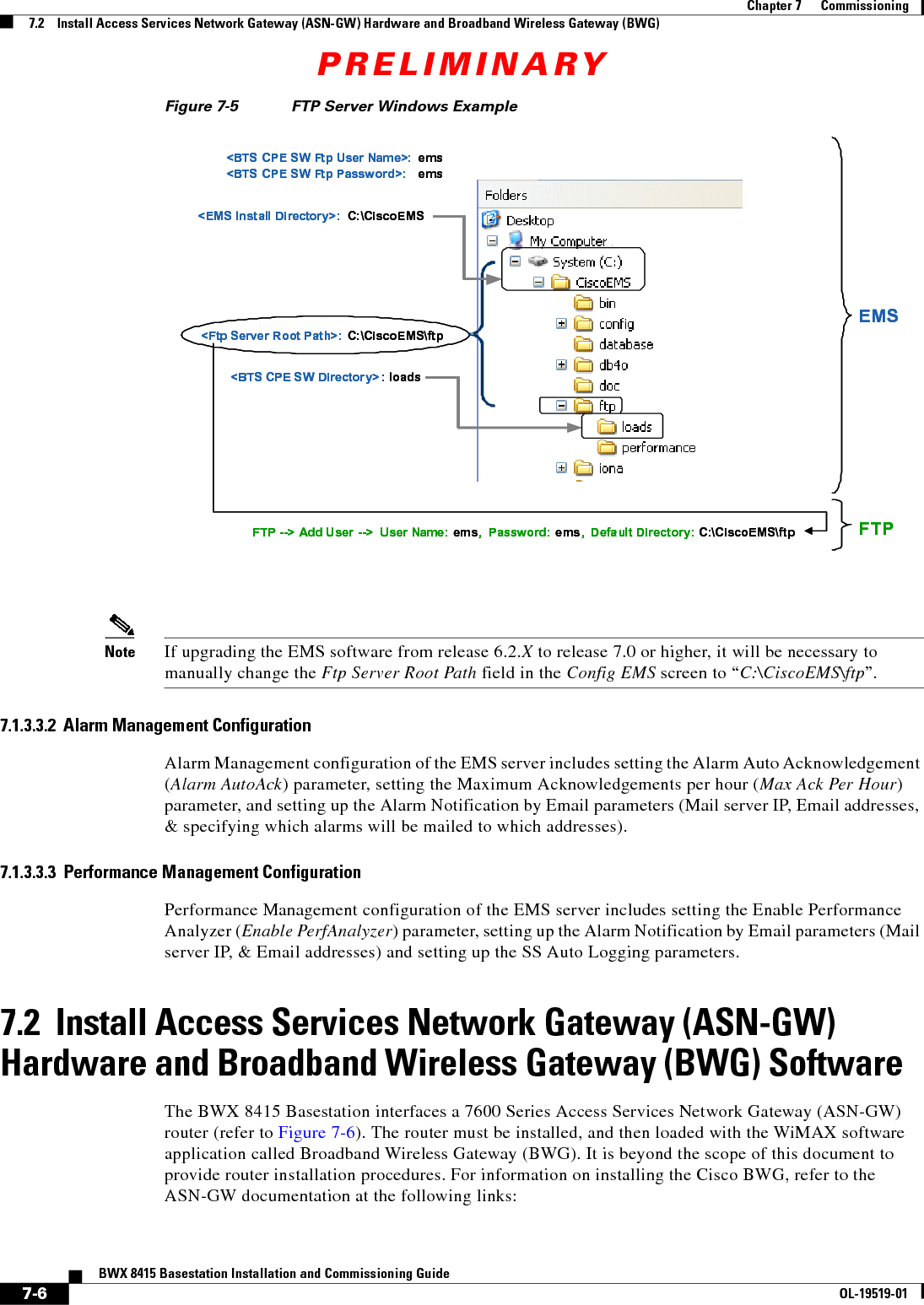 PRELIMINARY7-6BWX 8415 Basestation Installation and Commissioning GuideOL-19519-01Chapter 7      Commissioning7.2    Install Access Services Network Gateway (ASN-GW) Hardware and Broadband Wireless Gateway (BWG) Figure 7-5 FTP Server Windows Example Note If upgrading the EMS software from release 6.2.X to release 7.0 or higher, it will be necessary to manually change the Ftp Server Root Path field in the Config EMS screen to “C:\CiscoEMS\ftp”.7.1.3.3.2  Alarm Management ConfigurationAlarm Management configuration of the EMS server includes setting the Alarm Auto Acknowledgement (Alarm AutoAck) parameter, setting the Maximum Acknowledgements per hour (Max Ack Per Hour) parameter, and setting up the Alarm Notification by Email parameters (Mail server IP, Email addresses, &amp; specifying which alarms will be mailed to which addresses).7.1.3.3.3  Performance Management ConfigurationPerformance Management configuration of the EMS server includes setting the Enable Performance Analyzer (Enable PerfAnalyzer) parameter, setting up the Alarm Notification by Email parameters (Mail server IP, &amp; Email addresses) and setting up the SS Auto Logging parameters.7.2  Install Access Services Network Gateway (ASN-GW) Hardware and Broadband Wireless Gateway (BWG) SoftwareThe BWX 8415 Basestation interfaces a 7600 Series Access Services Network Gateway (ASN-GW) router (refer to Figure 7-6). The router must be installed, and then loaded with the WiMAX software application called Broadband Wireless Gateway (BWG). It is beyond the scope of this document to provide router installation procedures. For information on installing the Cisco BWG, refer to the ASN-GW documentation at the following links:&lt;EMS Install Directory&gt;: C:\CiscoEMS&lt;Ftp Server Root Path&gt;:  C:\CiscoEMS\ft p&lt;BTS CPE SW Directory&gt;: loads&lt;BTS CPE SW Ftp User Name&gt;: ems&lt;BTS CPE SW Ftp Password&gt;: emsFTP --&gt; Add User --&gt;  User Name: ems,  Password: ems,  Default Directory: C:\CiscoEMS\ftp FTPEMS&lt;EMS Install Directory&gt;: C:\CiscoEMS&lt;Ftp Server Root Path&gt;:  C:\CiscoEMS\ft p&lt;BTS CPE SW Directory&gt;: loads&lt;BTS CPE SW Ftp User Name&gt;: ems&lt;BTS CPE SW Ftp Password&gt;: emsFTP --&gt; Add User --&gt;  User Name: ems,  Password: ems,  Default Directory: C:\CiscoEMS\ftp FTPEMS