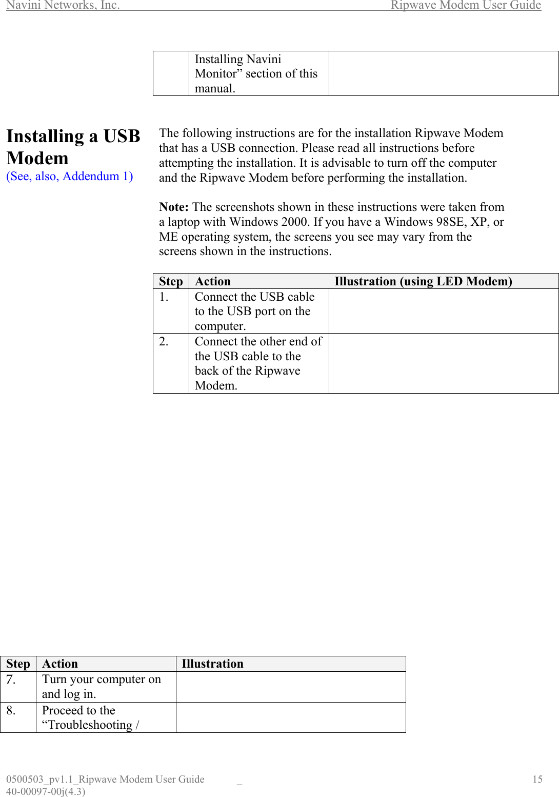 Navini Networks, Inc.        Ripwave Modem User Guide 0500503_pv1.1_Ripwave Modem User Guide  _                                    15 40-00097-00j(4.3)      Installing a USB Modem (See, also, Addendum 1)                                 Step  Action  Illustration  7.  Turn your computer on and log in.  8.  Proceed to the “Troubleshooting /  Installing Navini Monitor” section of this manual.   The following instructions are for the installation Ripwave Modem that has a USB connection. Please read all instructions before attempting the installation. It is advisable to turn off the computer and the Ripwave Modem before performing the installation.  Note: The screenshots shown in these instructions were taken from a laptop with Windows 2000. If you have a Windows 98SE, XP, or ME operating system, the screens you see may vary from the screens shown in the instructions.  Step  Action  Illustration (using LED Modem) 1.  Connect the USB cable to the USB port on the computer.  2.  Connect the other end of the USB cable to the back of the Ripwave Modem.   