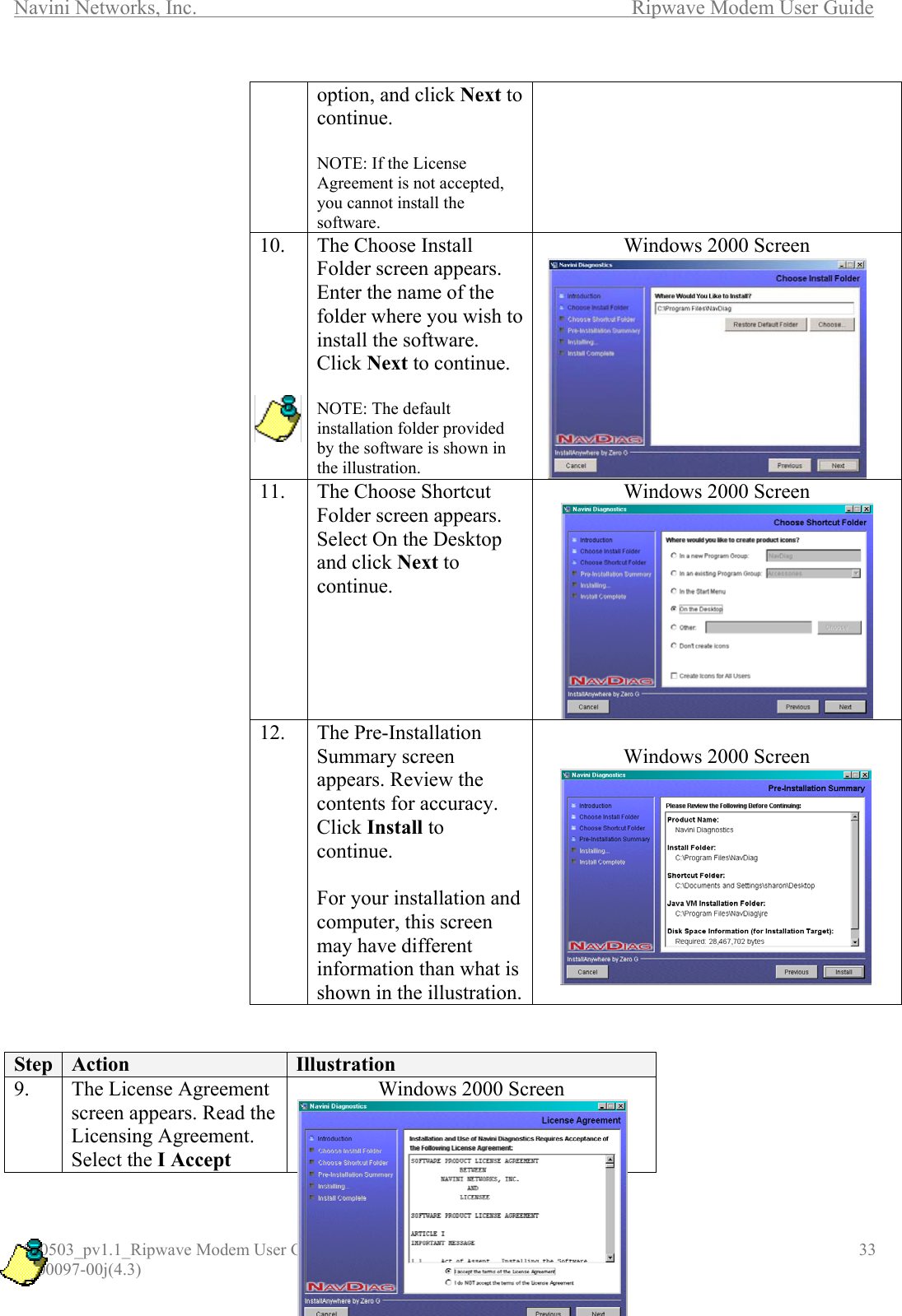 Navini Networks, Inc.        Ripwave Modem User Guide 0500503_pv1.1_Ripwave Modem User Guide  _                                    33 40-00097-00j(4.3)                                          Step  Action  Illustration 9.  The License Agreement screen appears. Read the Licensing Agreement. Select the I Accept Windows 2000 Screen  option, and click Next to continue.  NOTE: If the License Agreement is not accepted, you cannot install the software. 10.  The Choose Install Folder screen appears. Enter the name of the folder where you wish to install the software. Click Next to continue.  NOTE: The default installation folder provided by the software is shown in the illustration.  Windows 2000 Screen  11.  The Choose Shortcut Folder screen appears. Select On the Desktop and click Next to continue. Windows 2000 Screen  12. The Pre-Installation Summary screen appears. Review the contents for accuracy. Click Install to continue.   For your installation and computer, this screen may have different information than what is shown in the illustration. Windows 2000 Screen   