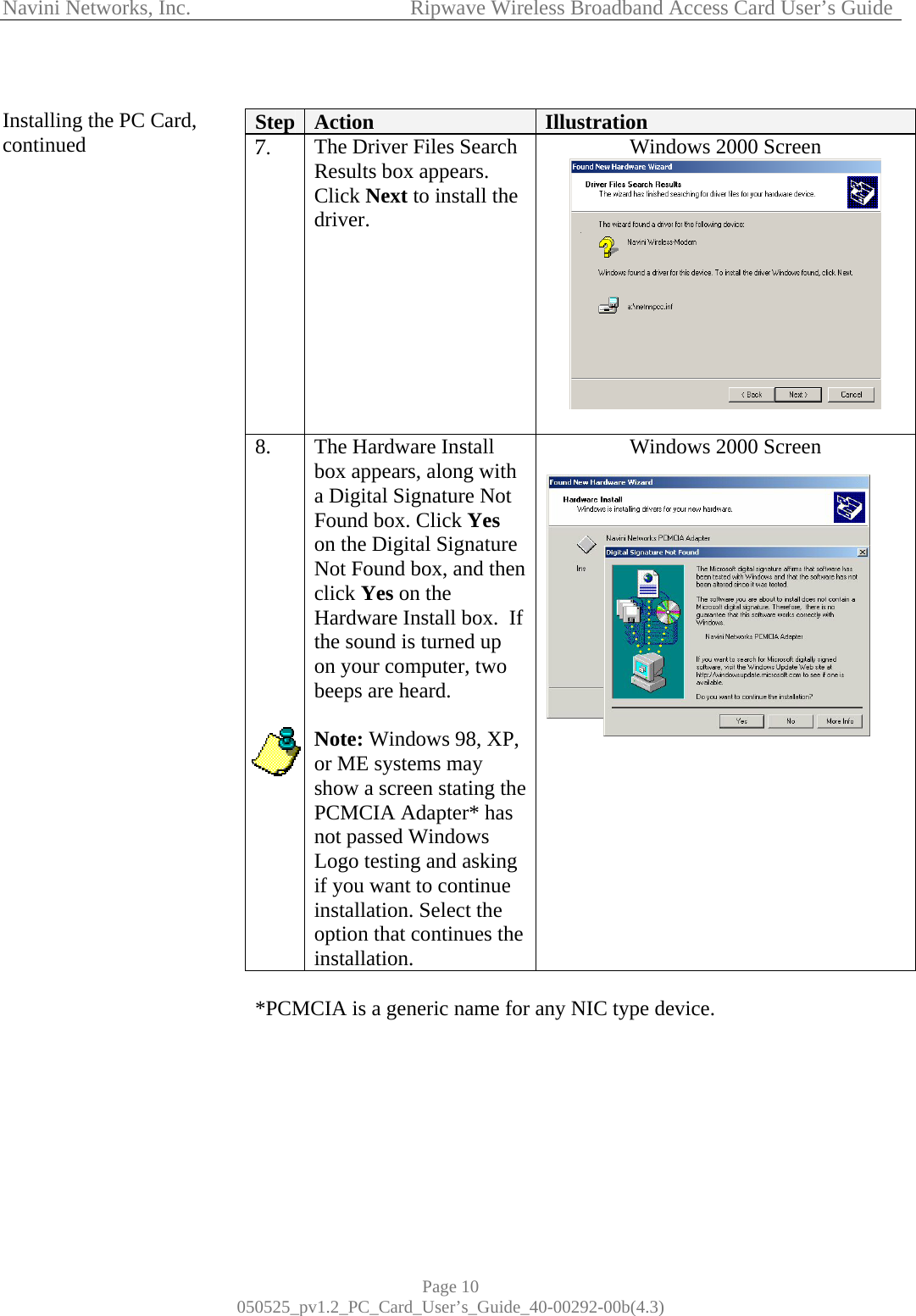 Navini Networks, Inc.            Ripwave Wireless Broadband Access Card User’s Guide Page 10 050525_pv1.2_PC_Card_User’s_Guide_40-00292-00b(4.3)  Installing the PC Card, continued                                             Step  Action  Illustration  7.  The Driver Files Search Results box appears. Click Next to install the driver. Windows 2000 Screen   8.  The Hardware Install box appears, along with a Digital Signature Not Found box. Click Yes on the Digital Signature Not Found box, and then click Yes on the Hardware Install box.  If the sound is turned up on your computer, two beeps are heard.  Note: Windows 98, XP, or ME systems may show a screen stating the PCMCIA Adapter* has not passed Windows Logo testing and asking if you want to continue installation. Select the option that continues the installation. Windows 2000 Screen   *PCMCIA is a generic name for any NIC type device.       