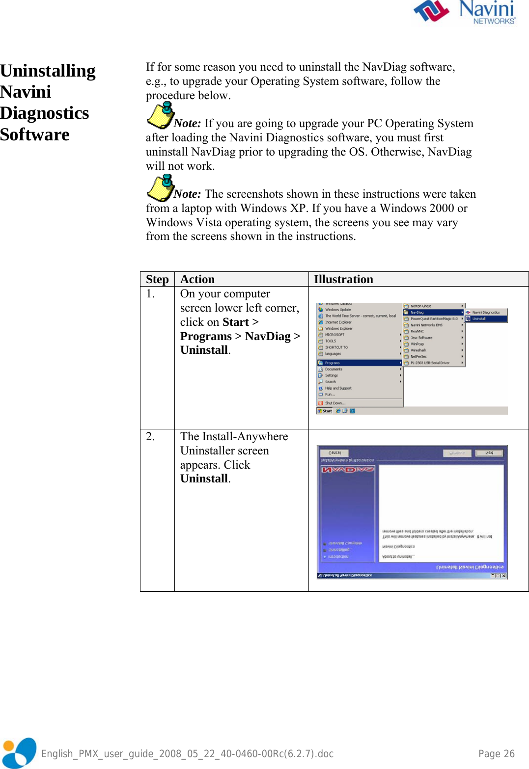               English_PMX_user_guide_2008_05_22_40-0460-00Rc(6.2.7).doc    Page 26   Uninstalling Navini Diagnostics Software       If for some reason you need to uninstall the NavDiag software, e.g., to upgrade your Operating System software, follow the procedure below.            Note: If you are going to upgrade your PC Operating System after loading the Navini Diagnostics software, you must first uninstall NavDiag prior to upgrading the OS. Otherwise, NavDiag will not work.            Note: The screenshots shown in these instructions were taken from a laptop with Windows XP. If you have a Windows 2000 or Windows Vista operating system, the screens you see may vary from the screens shown in the instructions.   Step  Action  Illustration 1.  On your computer screen lower left corner, click on Start &gt; Programs &gt; NavDiag &gt; Uninstall.   2. The Install-Anywhere Uninstaller screen appears. Click Uninstall.     