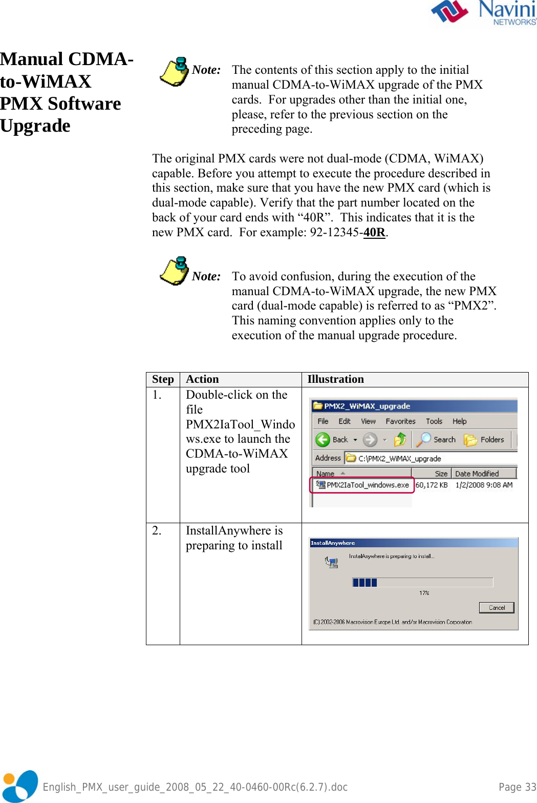               English_PMX_user_guide_2008_05_22_40-0460-00Rc(6.2.7).doc    Page 33 Manual CDMA-to-WiMAX PMX Software Upgrade   Note:  The contents of this section apply to the initial manual CDMA-to-WiMAX upgrade of the PMX cards.  For upgrades other than the initial one, please, refer to the previous section on the preceding page.  The original PMX cards were not dual-mode (CDMA, WiMAX) capable. Before you attempt to execute the procedure described in this section, make sure that you have the new PMX card (which is dual-mode capable). Verify that the part number located on the back of your card ends with “40R”.  This indicates that it is the new PMX card.  For example: 92-12345-40R.   Note:  To avoid confusion, during the execution of the manual CDMA-to-WiMAX upgrade, the new PMX card (dual-mode capable) is referred to as “PMX2”. This naming convention applies only to the execution of the manual upgrade procedure.   Step  Action  Illustration 1.  Double-click on the file PMX2IaTool_Windows.exe to launch the CDMA-to-WiMAX upgrade tool  2. InstallAnywhere is preparing to install  